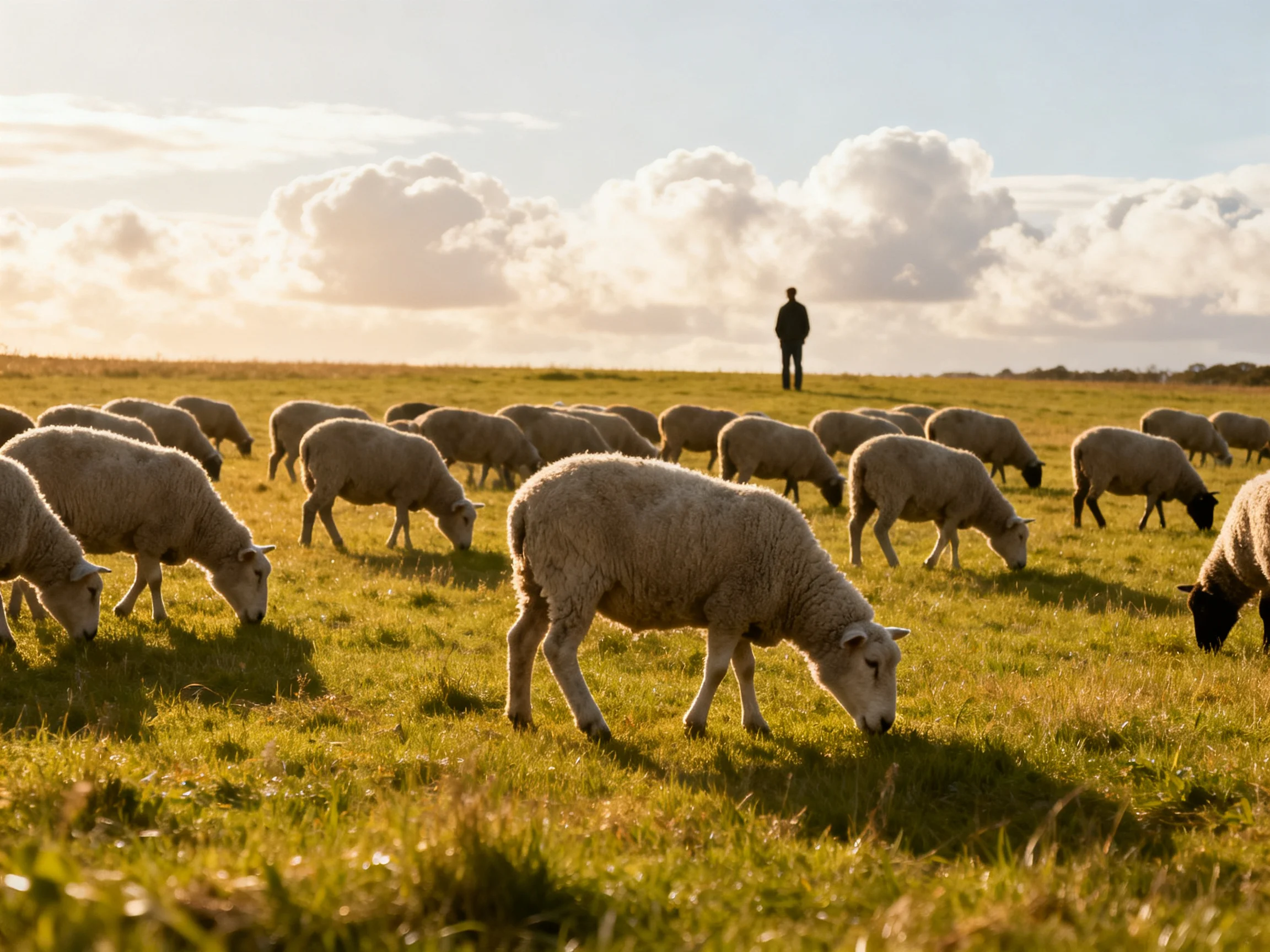 A flock of sheep grazing in a golden field with a distant figure