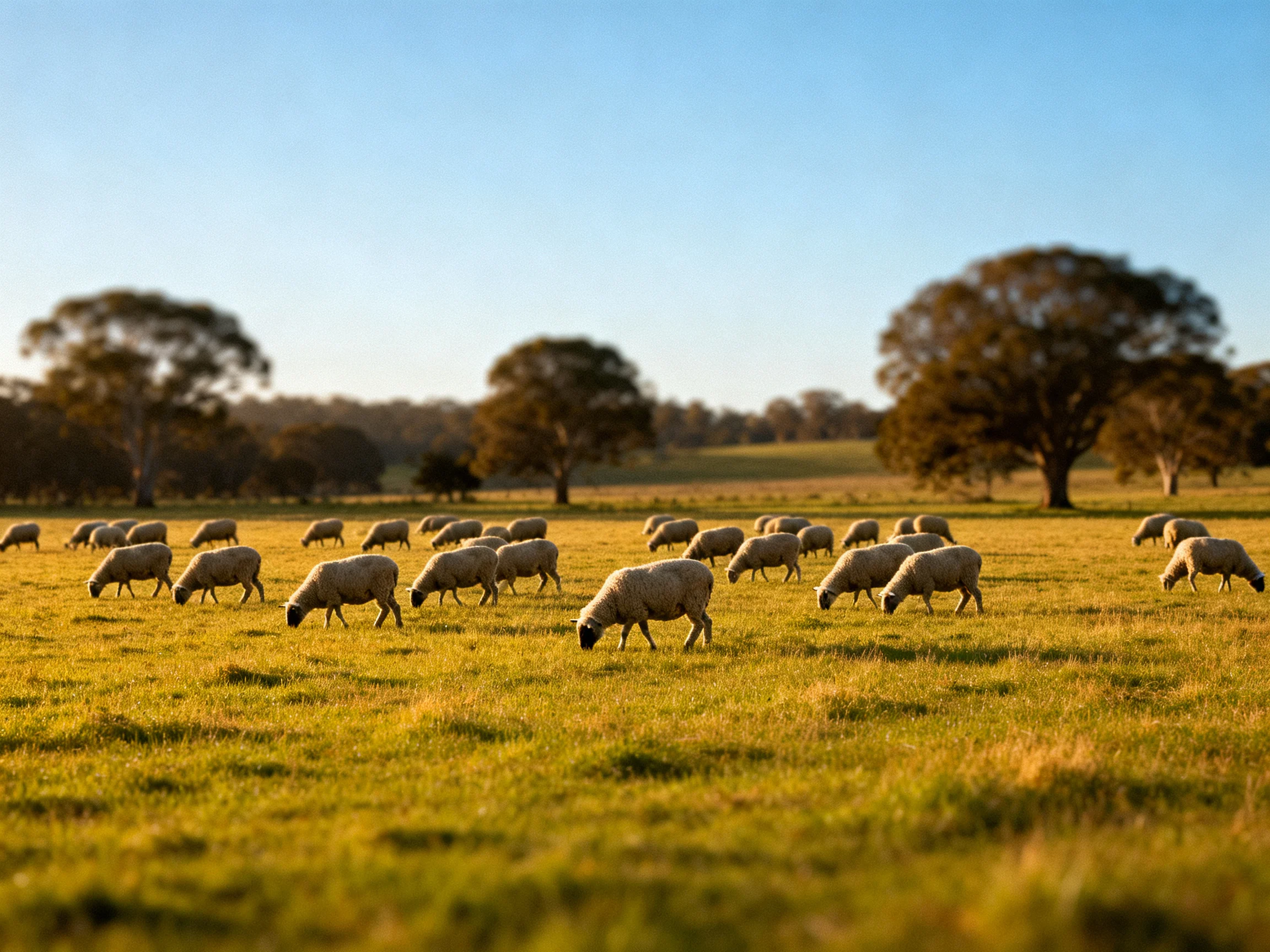 A flock of sheep grazing in a golden field with large trees