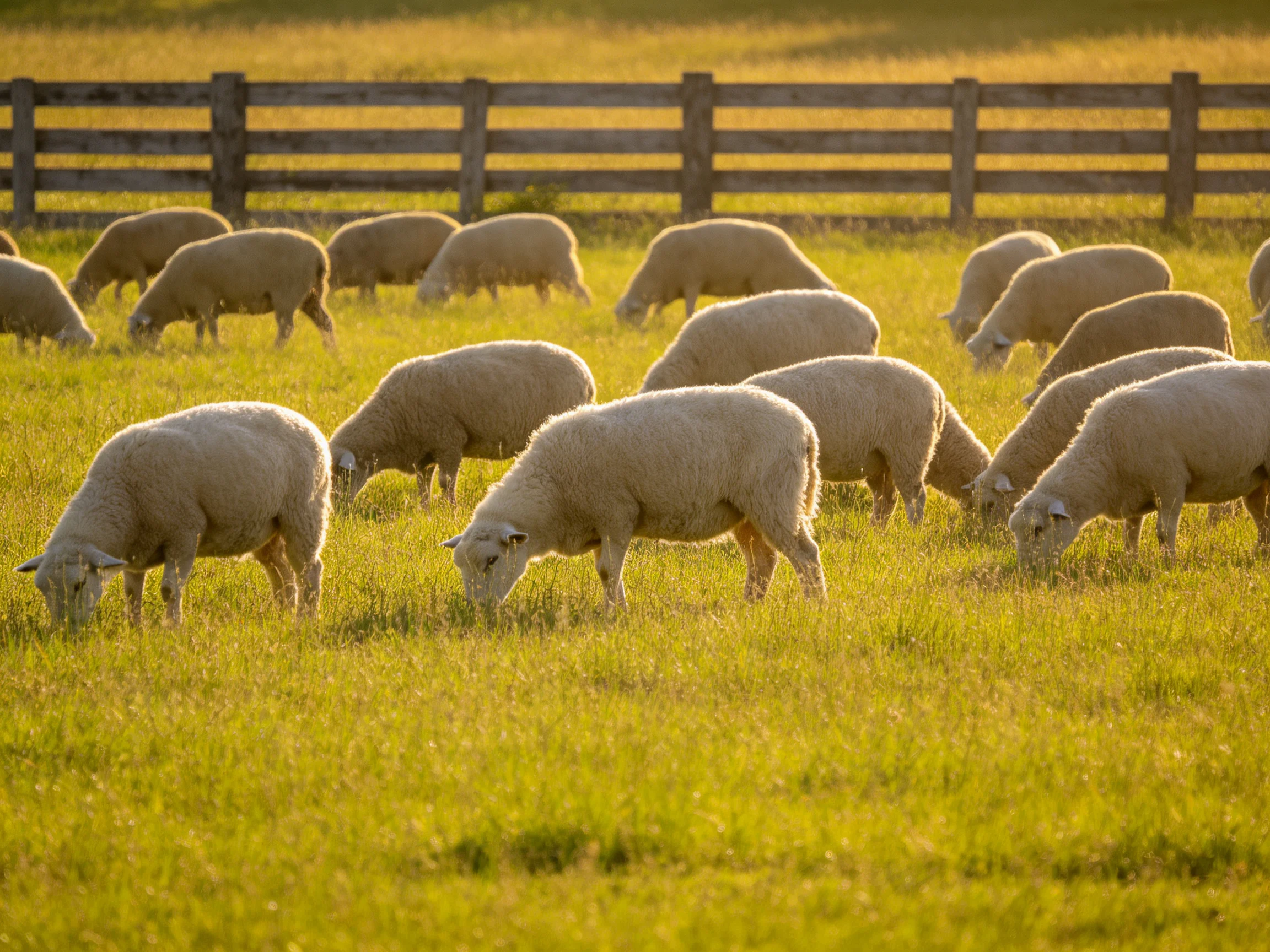 A flock of sheep grazing in a golden-green pasture near a wooden fence