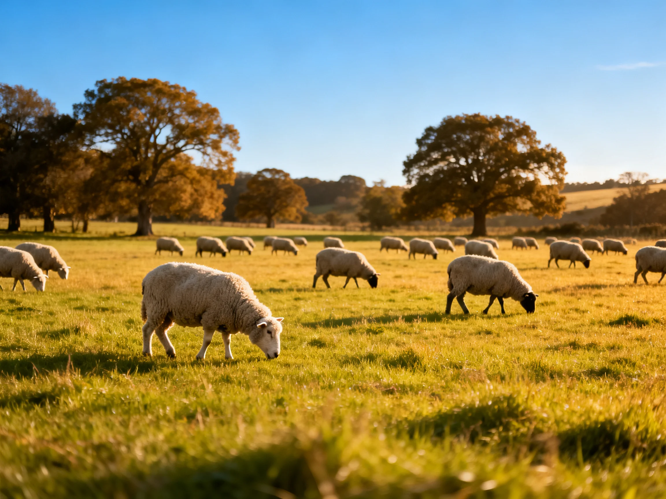 A flock of sheep grazing in a golden-green pasture near large trees