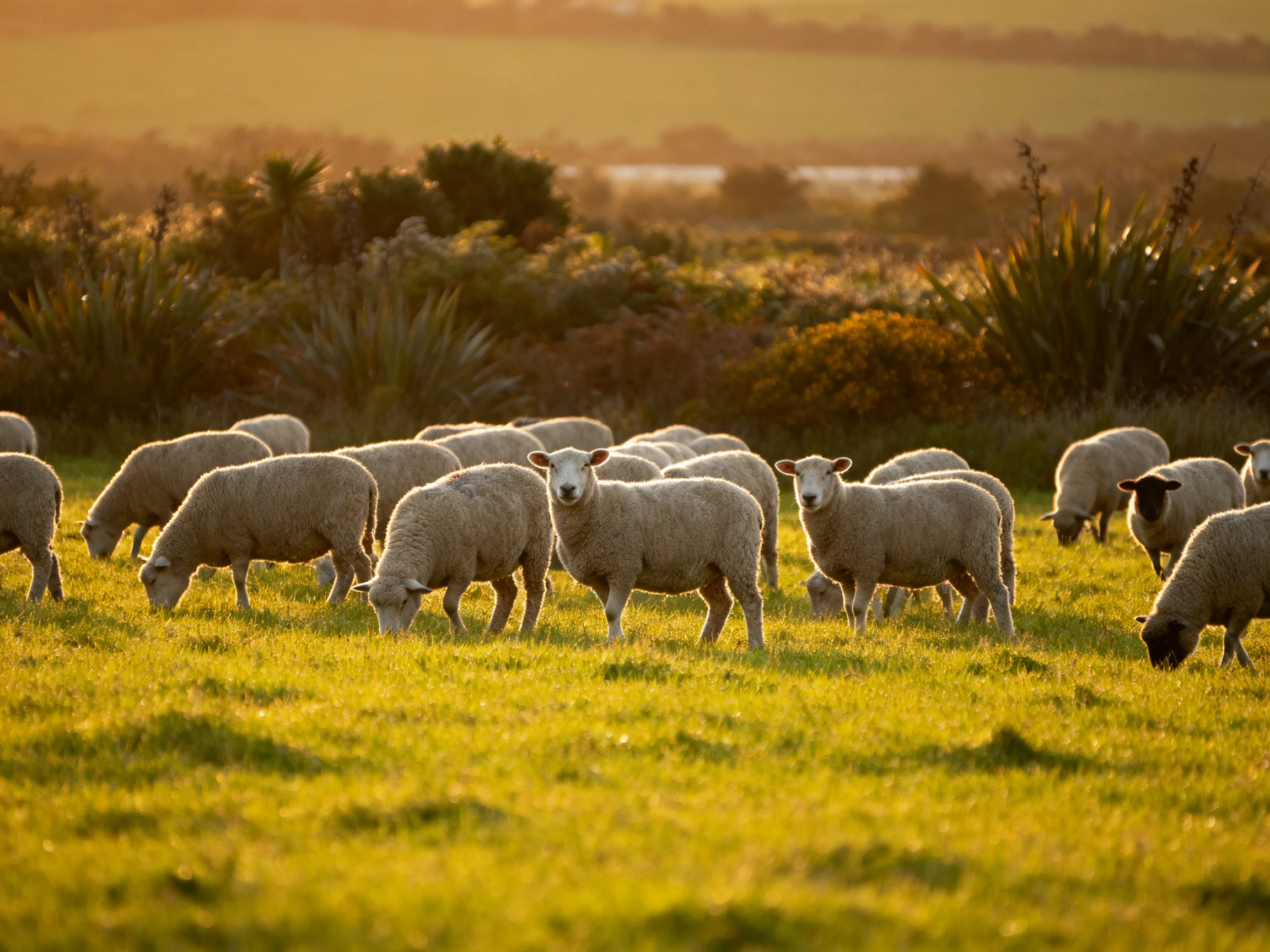 A flock of sheep grazing in a golden-hued countryside field