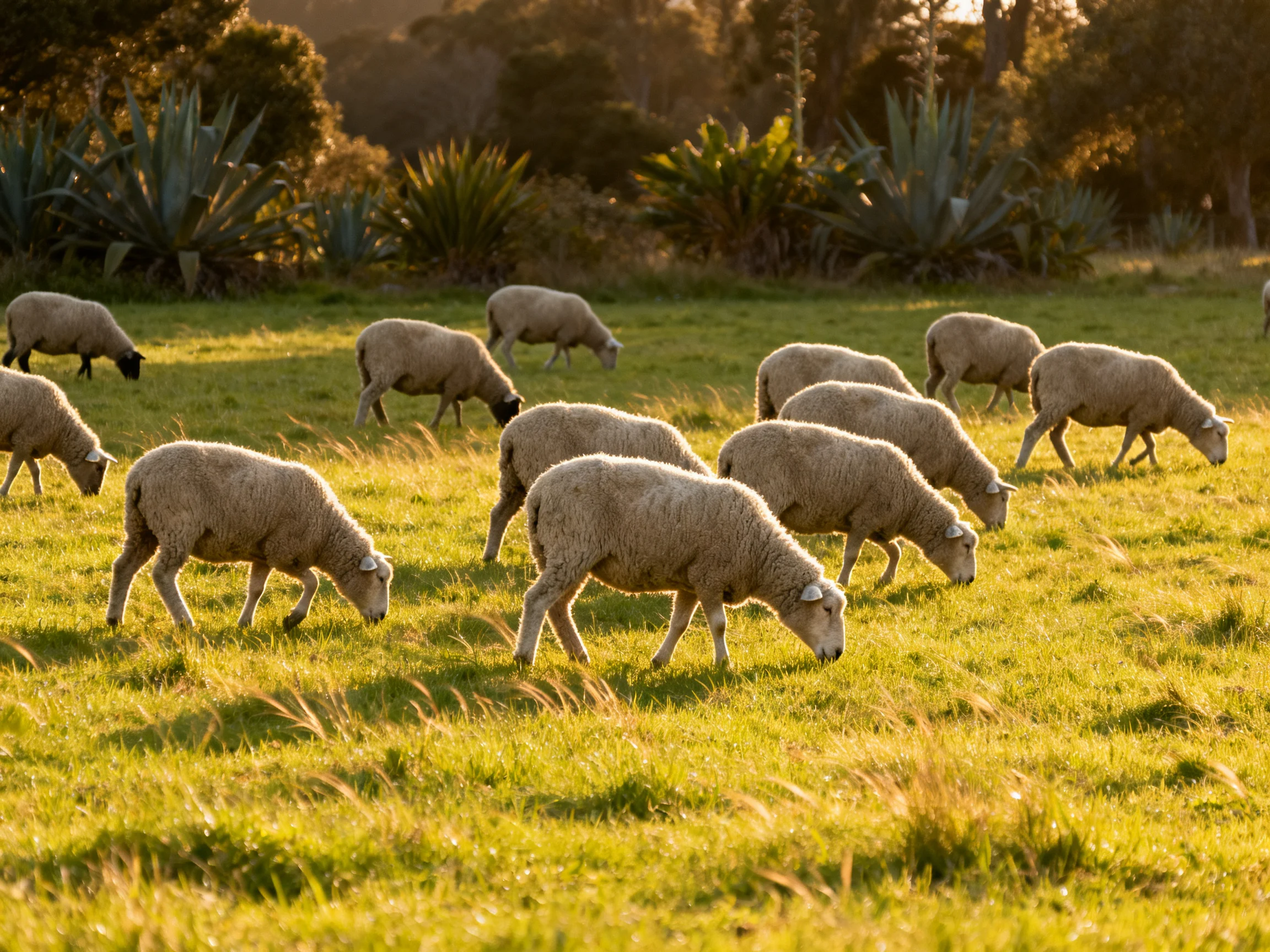 A flock of sheep grazing in a golden-hued green pasture