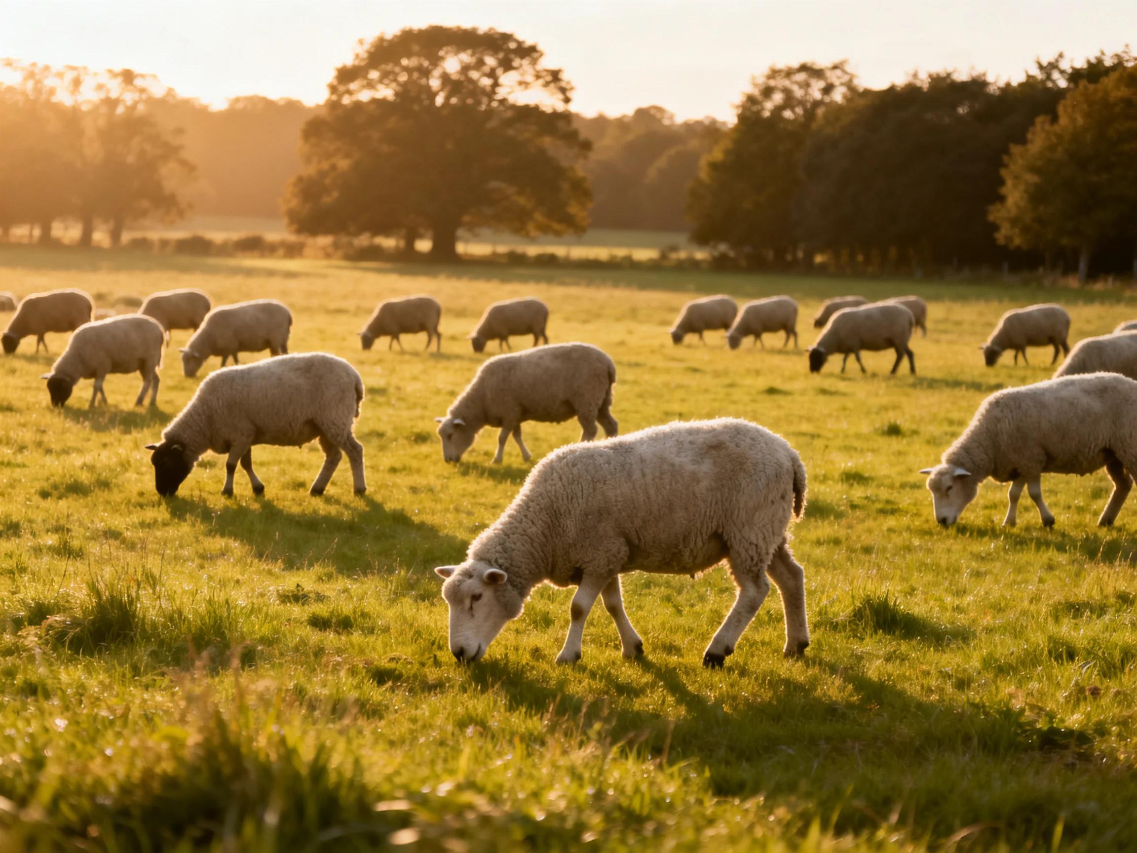 A flock of sheep grazing in a golden-hued meadow