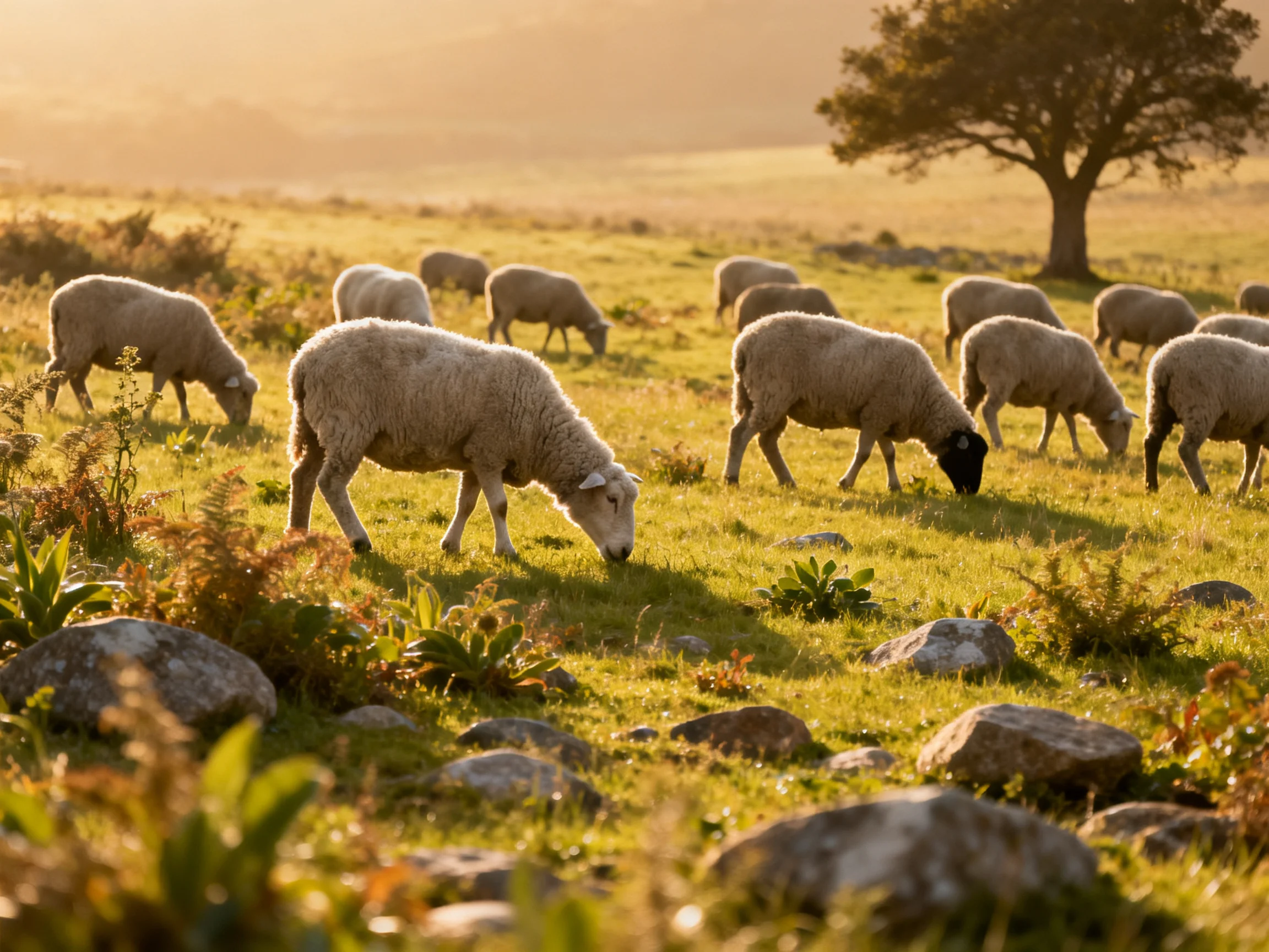 A flock of sheep grazing in a golden-hued meadow with scattered rocks