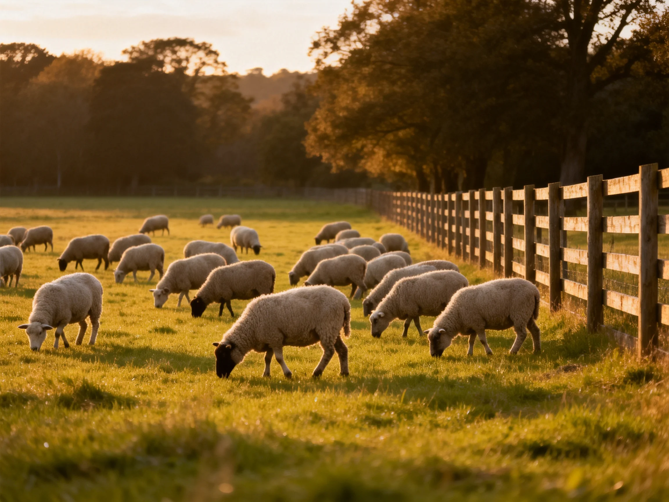 A flock of sheep grazing in a golden-hued pasture near wooden fencing