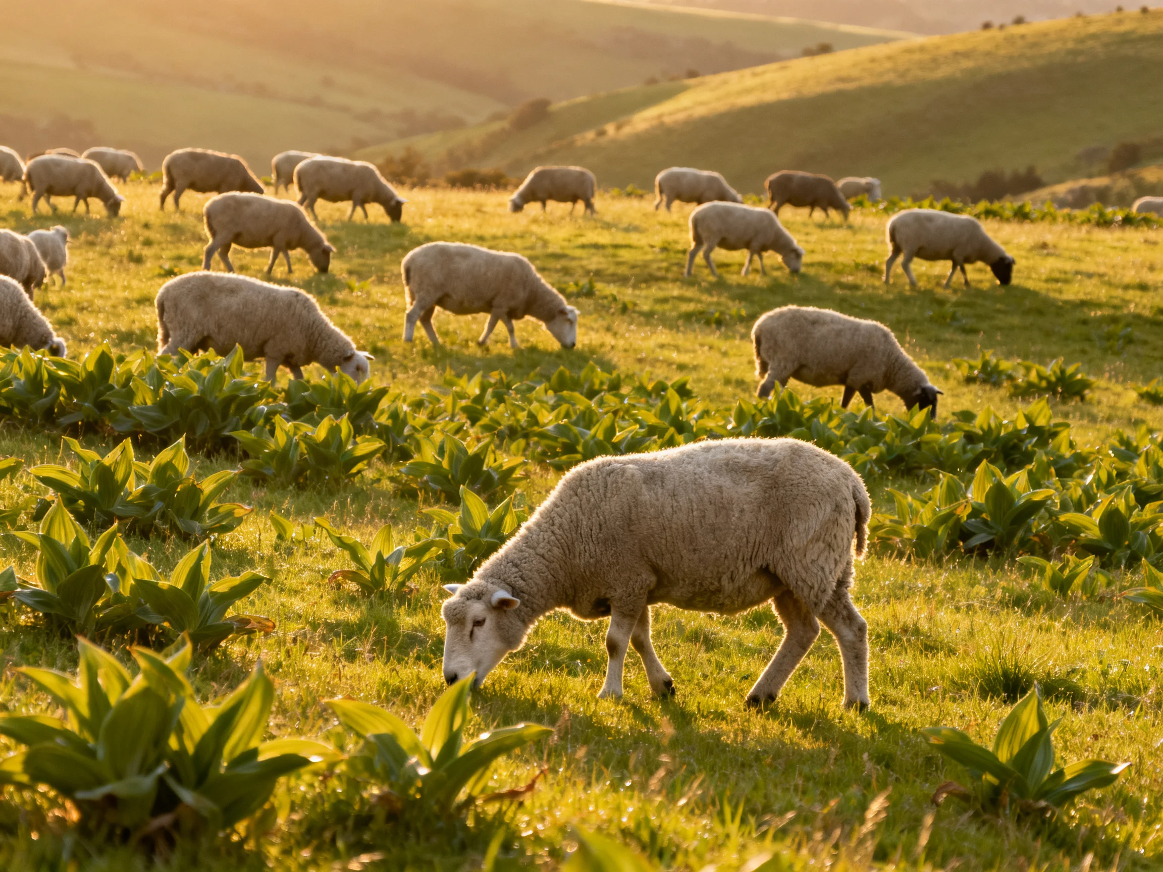 A flock of sheep grazing in a golden pastoral landscape