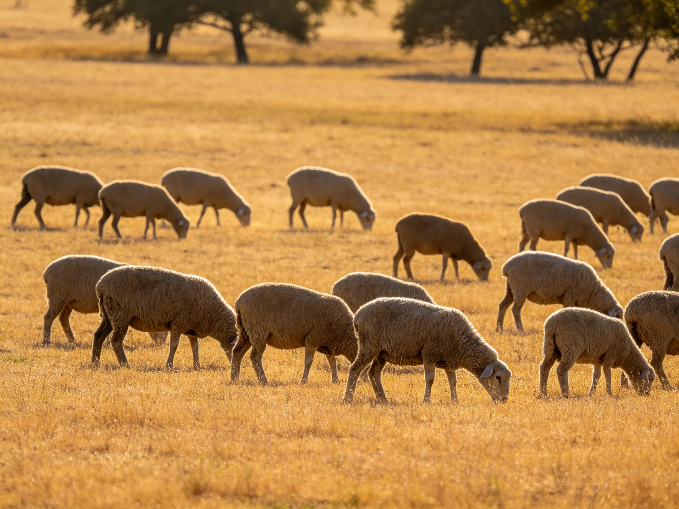 A flock of sheep grazing in a golden, sunlit pasture