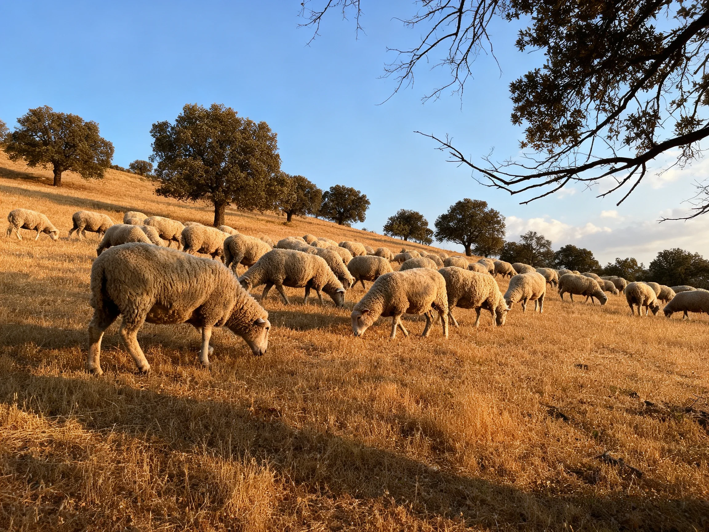 A flock of sheep grazing in a golden, tree-dotted meadow