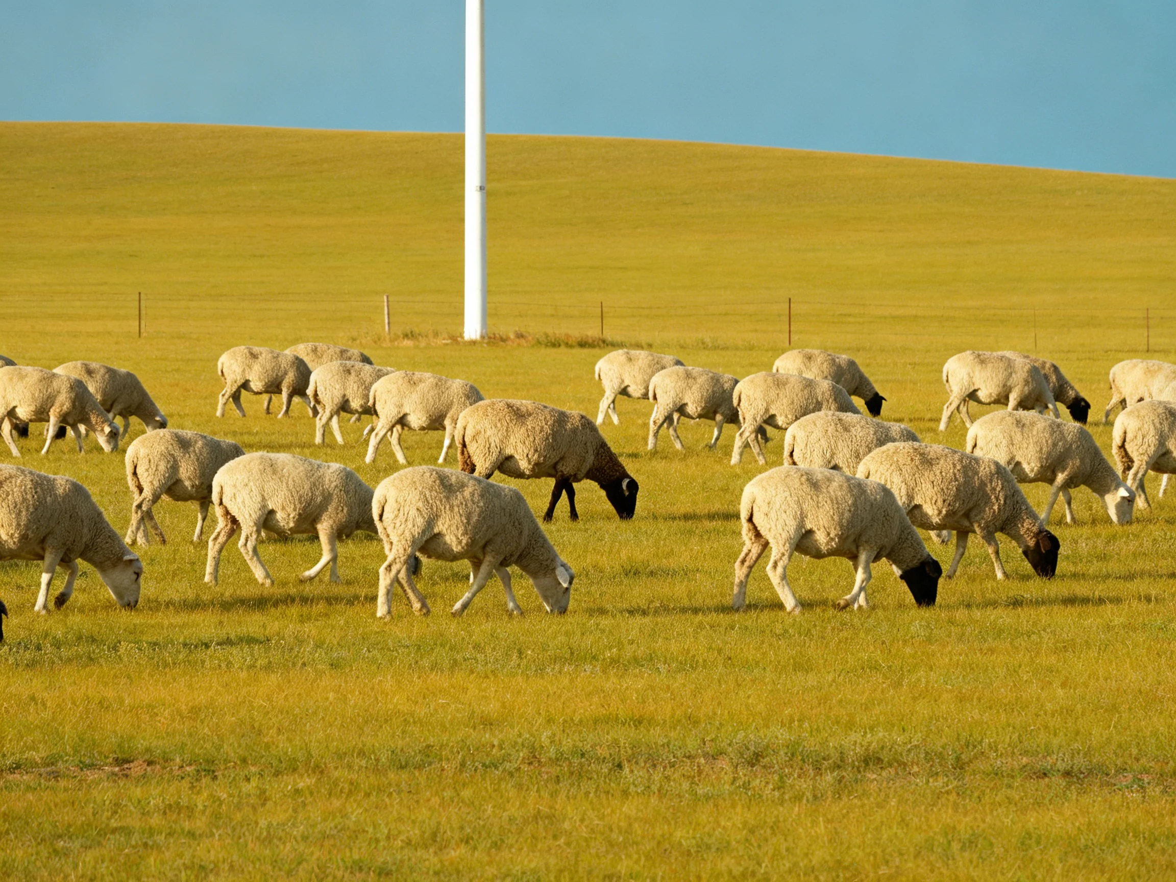 A flock of sheep grazing in a golden-yellow pasture near a tall white structure