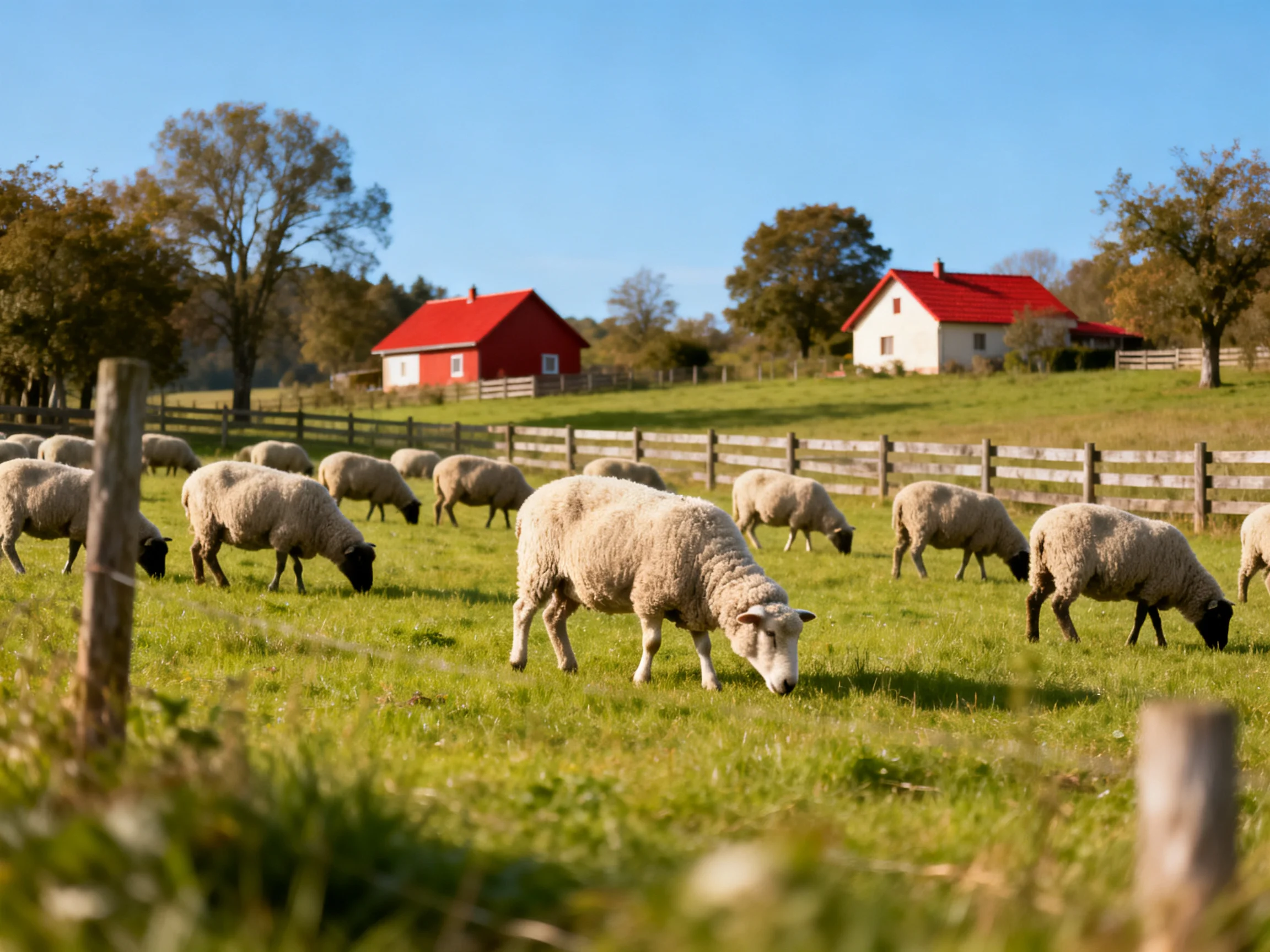 A flock of sheep grazing in a green pasture near red-roofed farmhouses