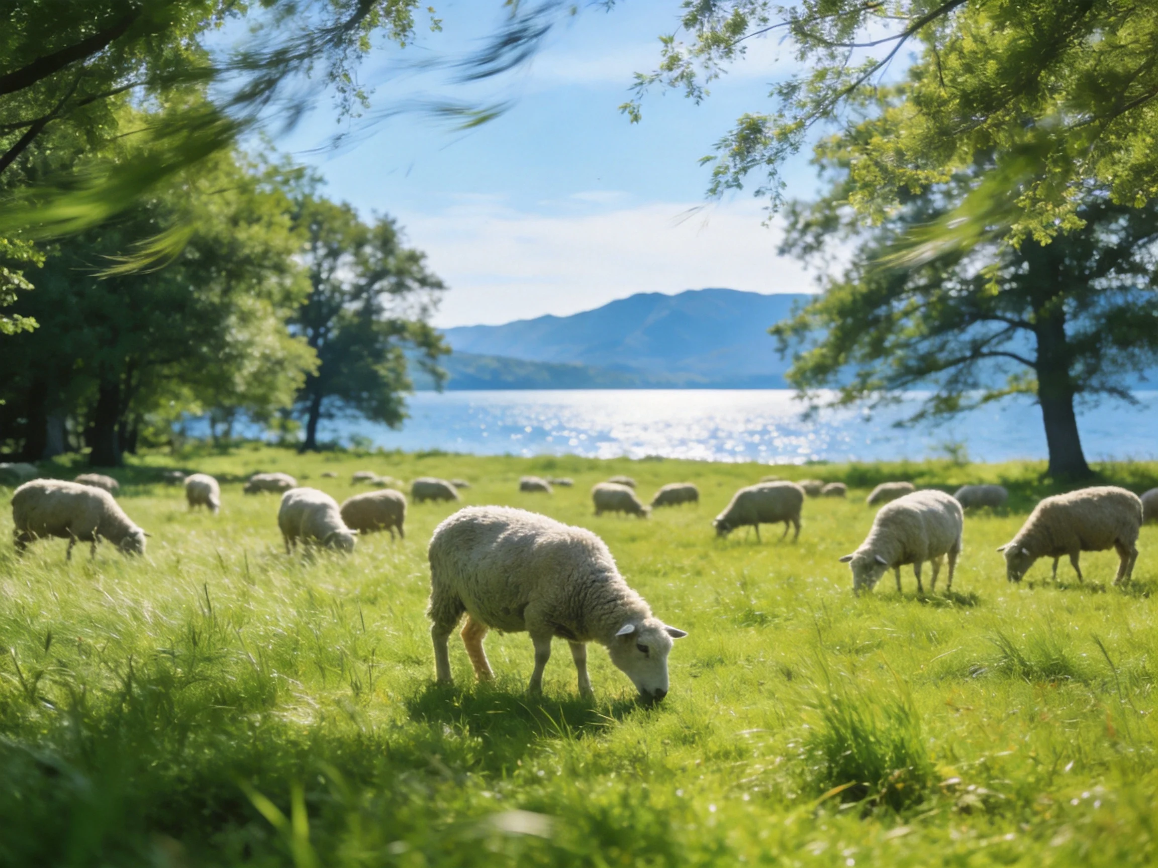 Sheep graze in a verdant meadow beside a glistening lake with distant mountains.
