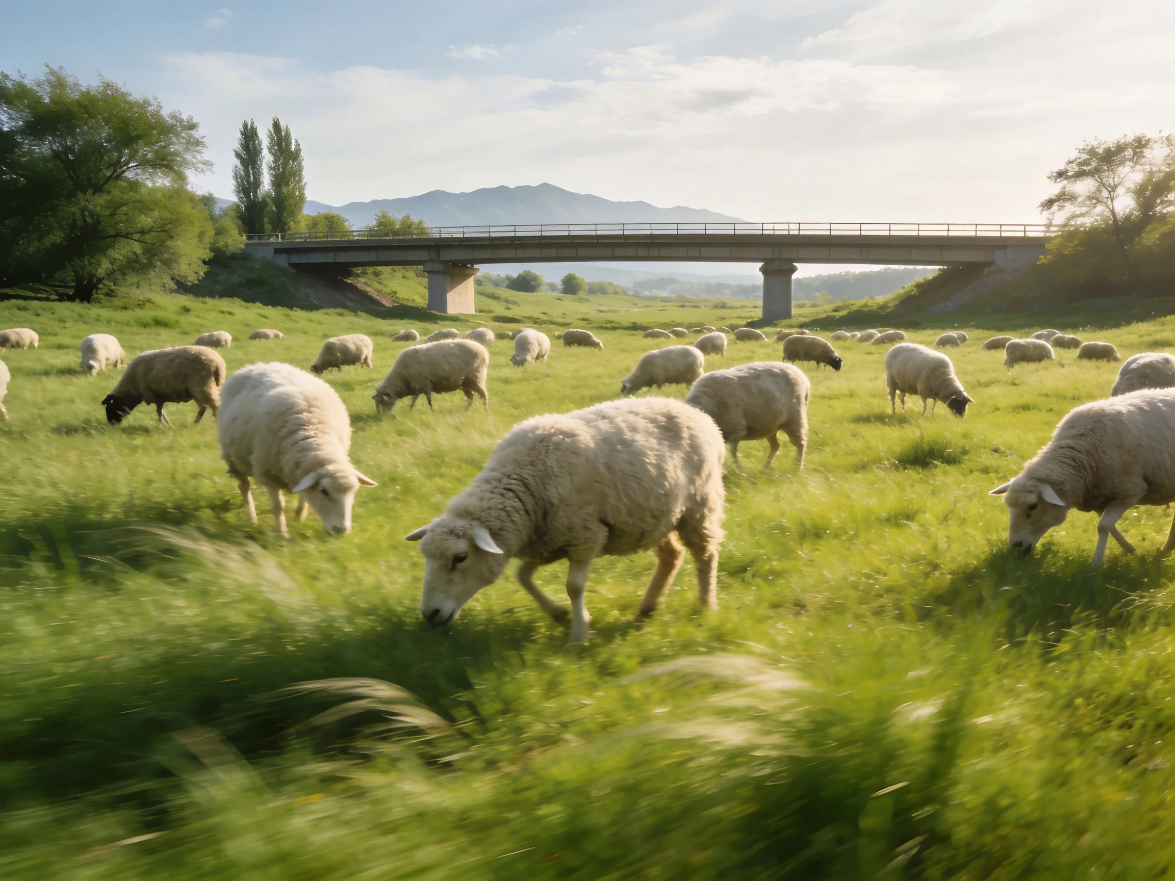 A flock of sheep grazing in a lush green meadow near a stone bridge
