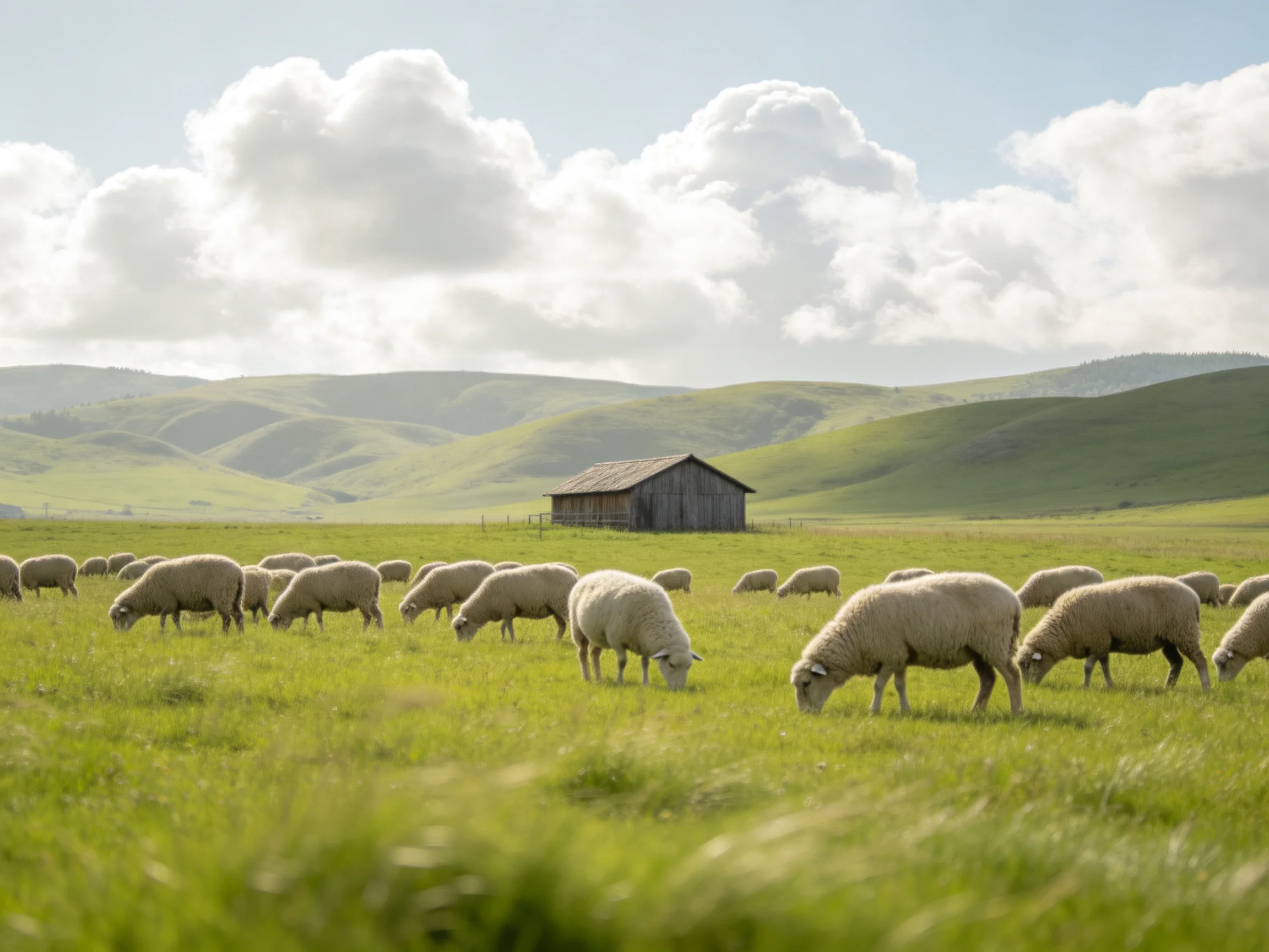 A flock of sheep grazing in a lush green meadow near an old wooden barn