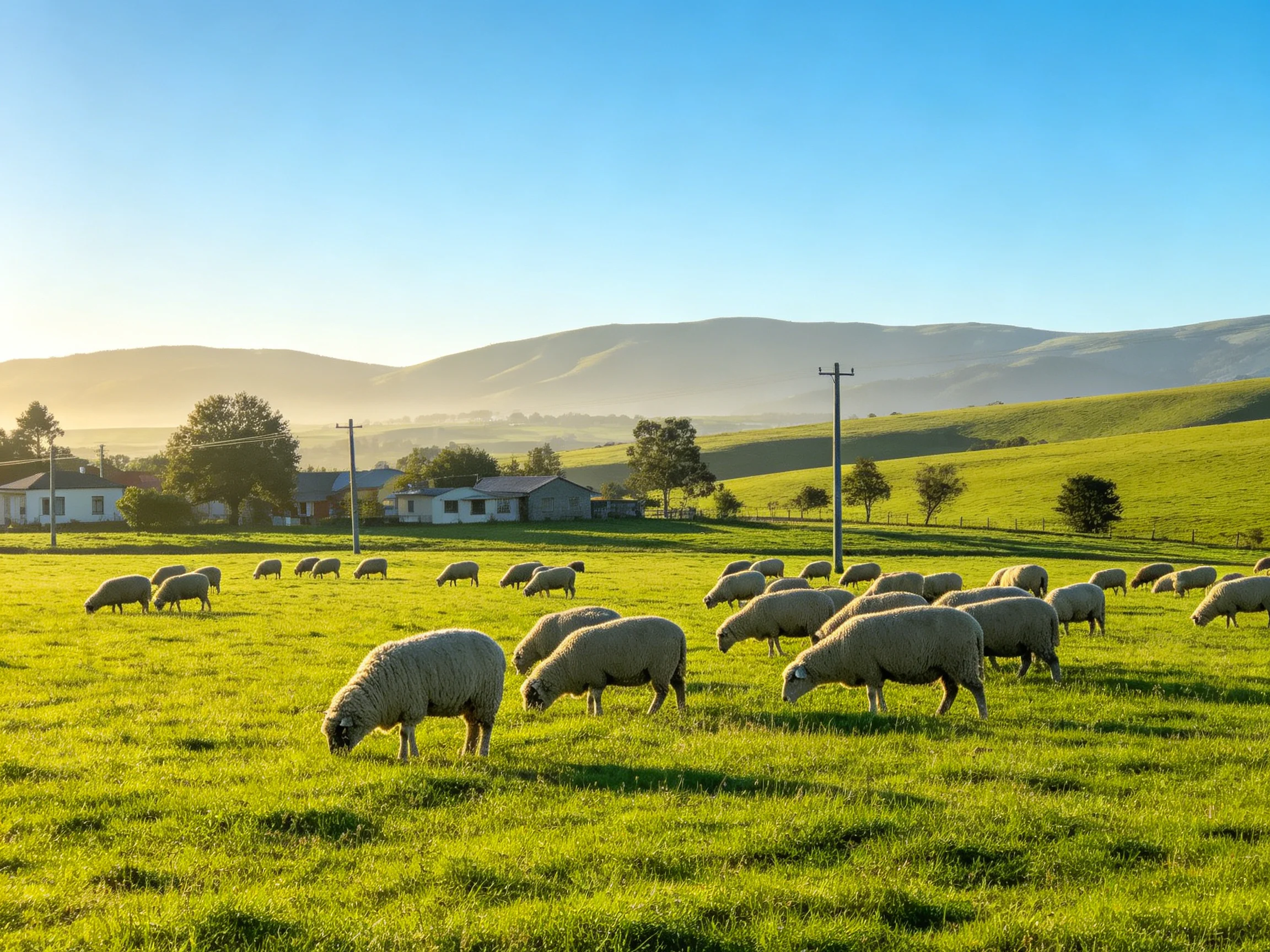 Sheep graze in a sunlit meadow with rolling hills and farm buildings.