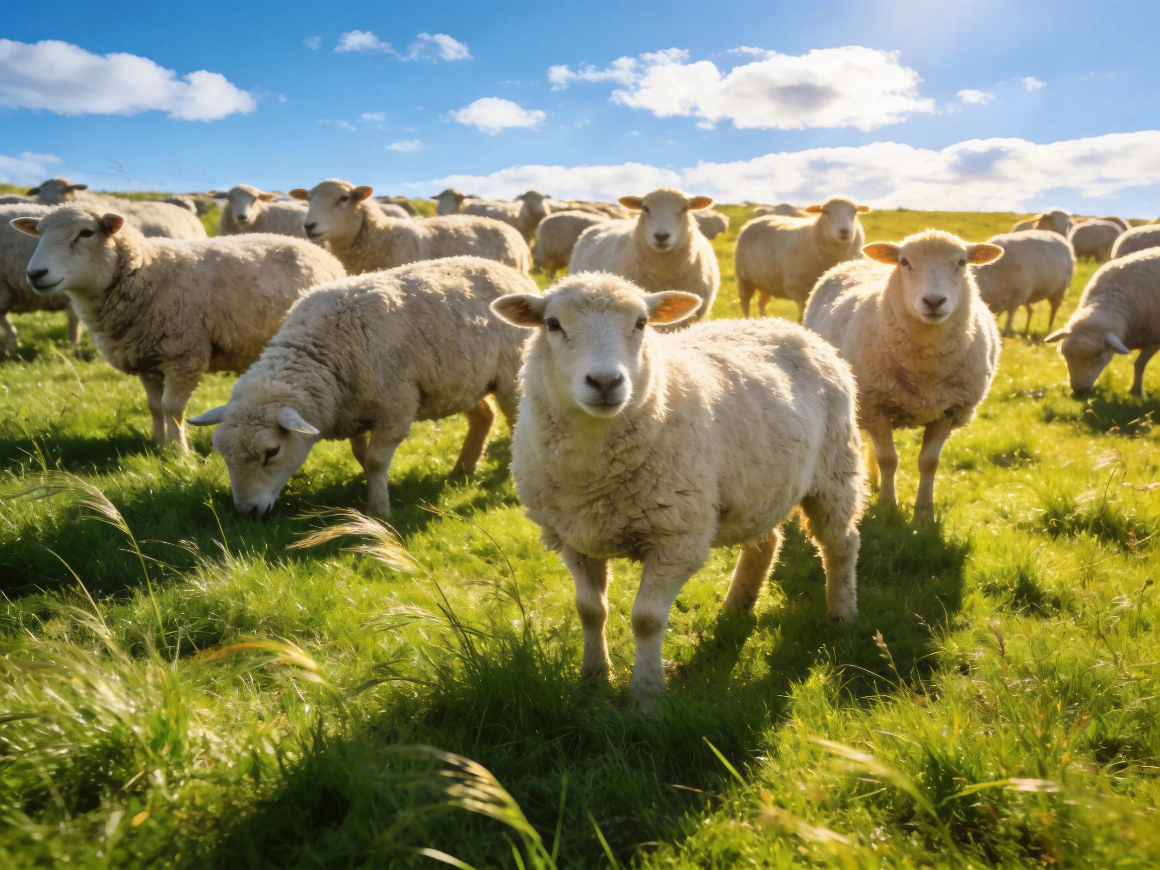 A flock of sheep grazing in a lush green meadow