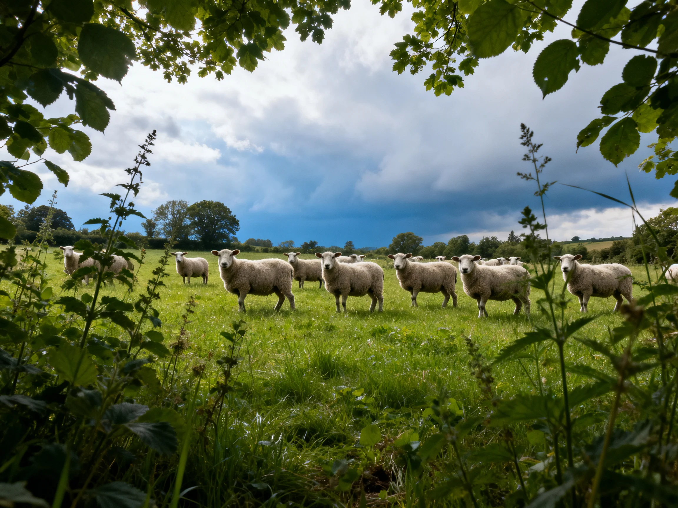 A flock of sheep grazing in a lush green meadow under a cloudy sky
