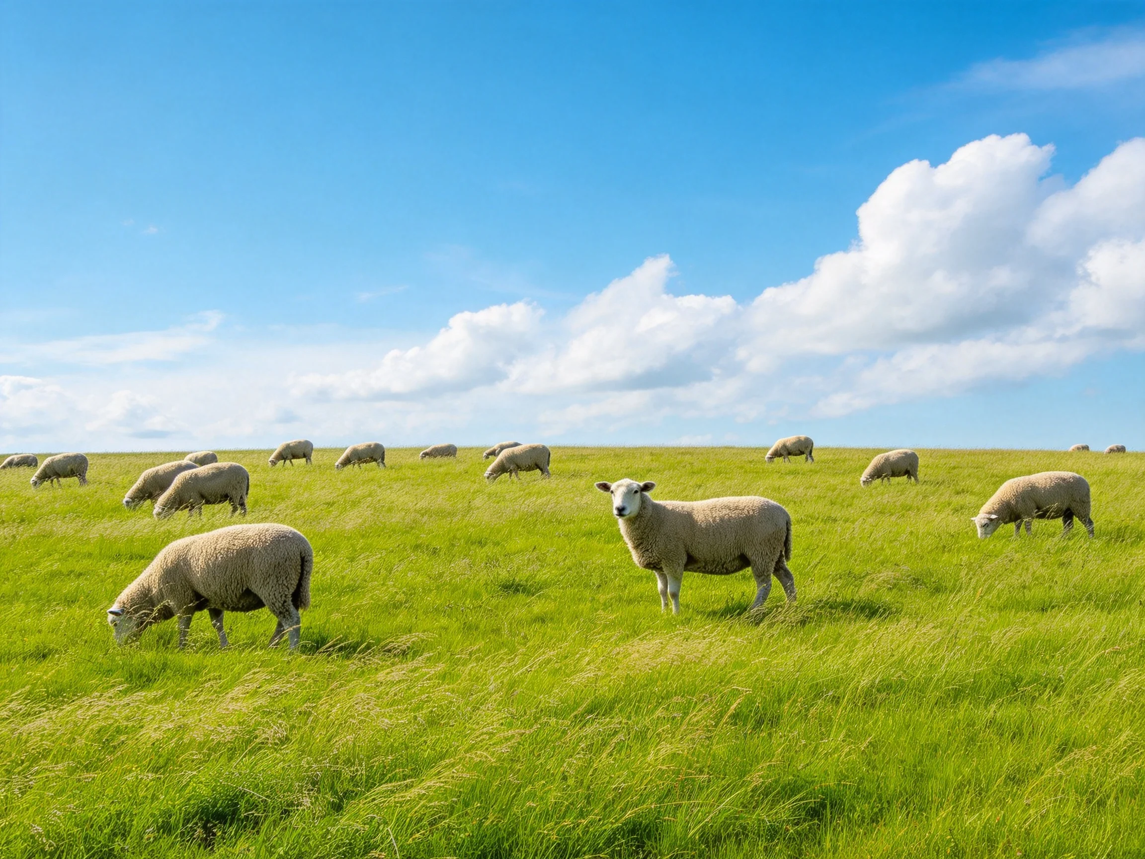 A flock of sheep grazing in a lush green meadow under bright blue sky