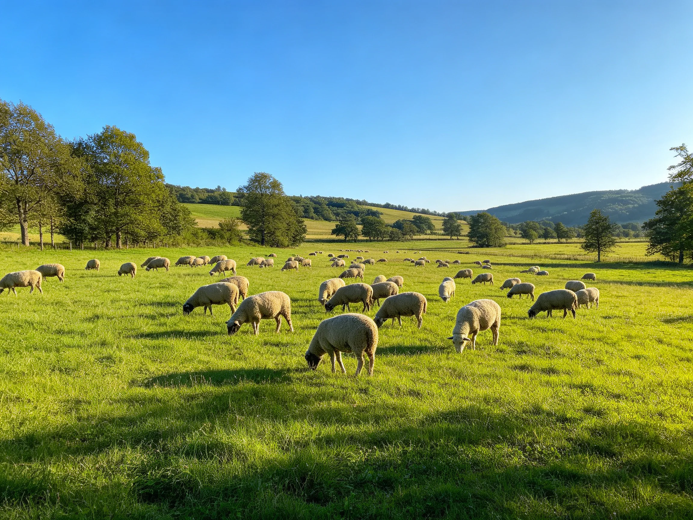 A flock of sheep grazes in a lush green meadow beneath a bright blue sky.