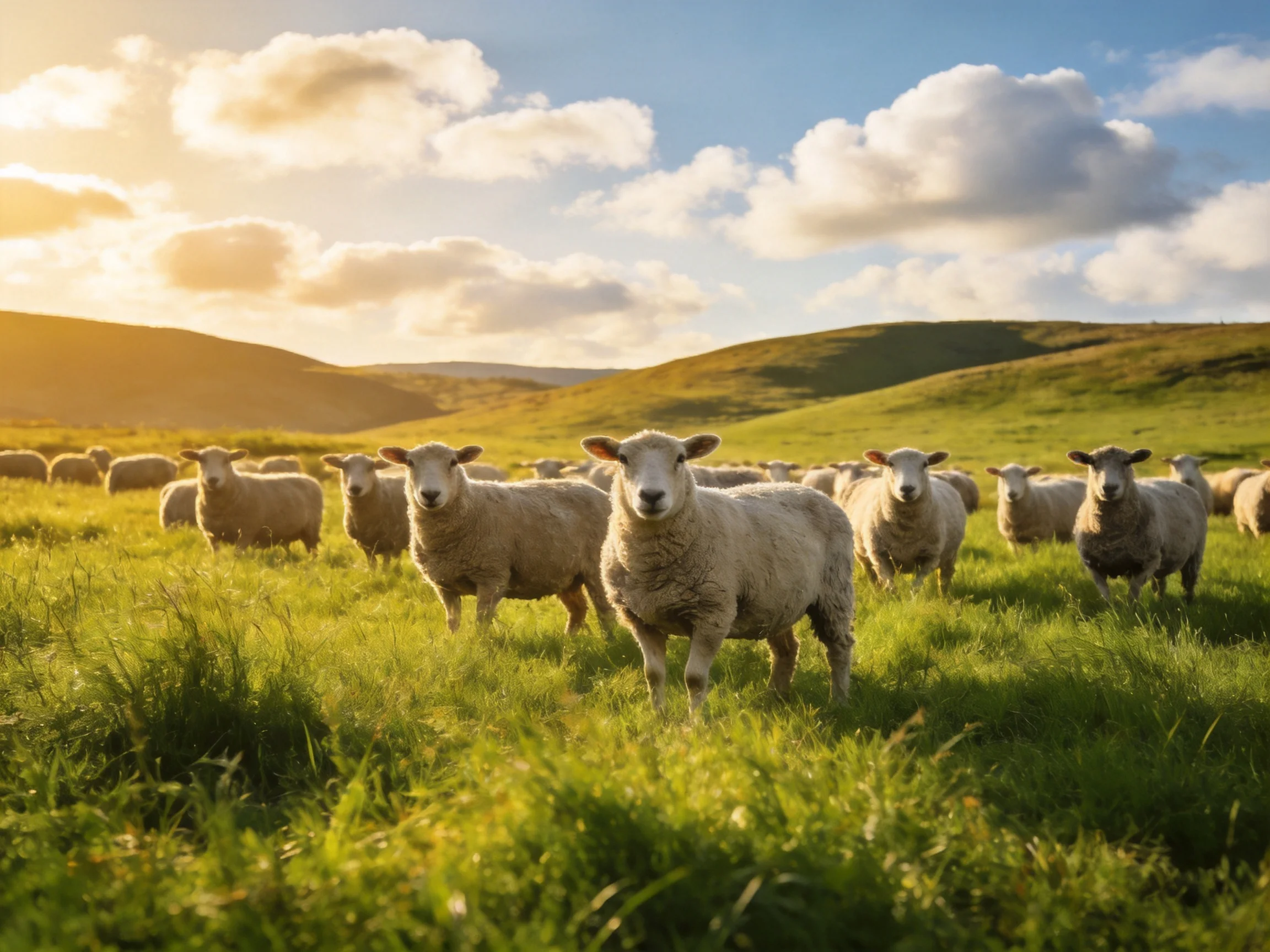 A flock of sheep grazing in a lush green meadow under golden sunlight
