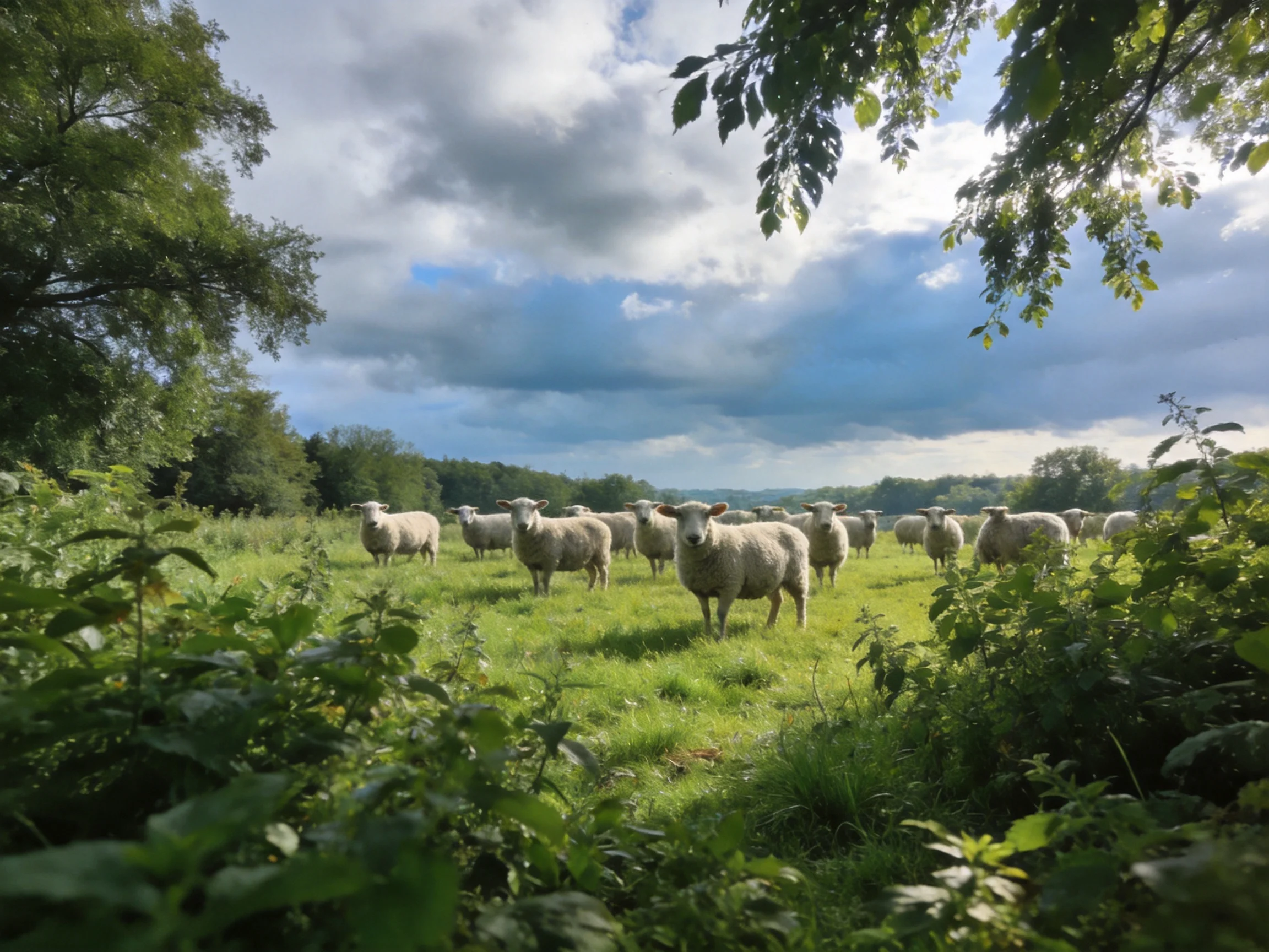 A flock of sheep grazing in a lush green meadow under partly cloudy skies
