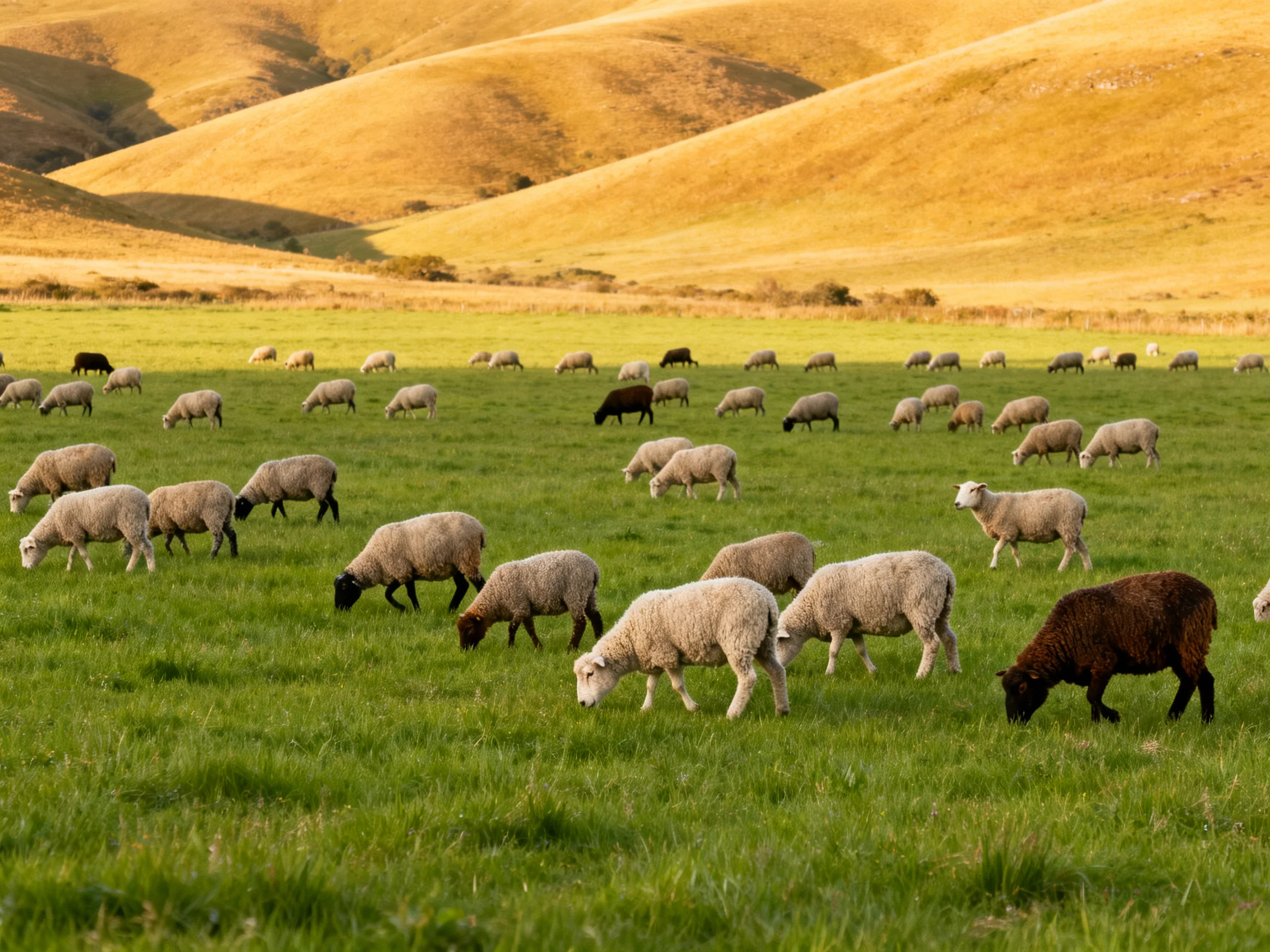 Sheep graze in a verdant meadow near golden rolling hills.