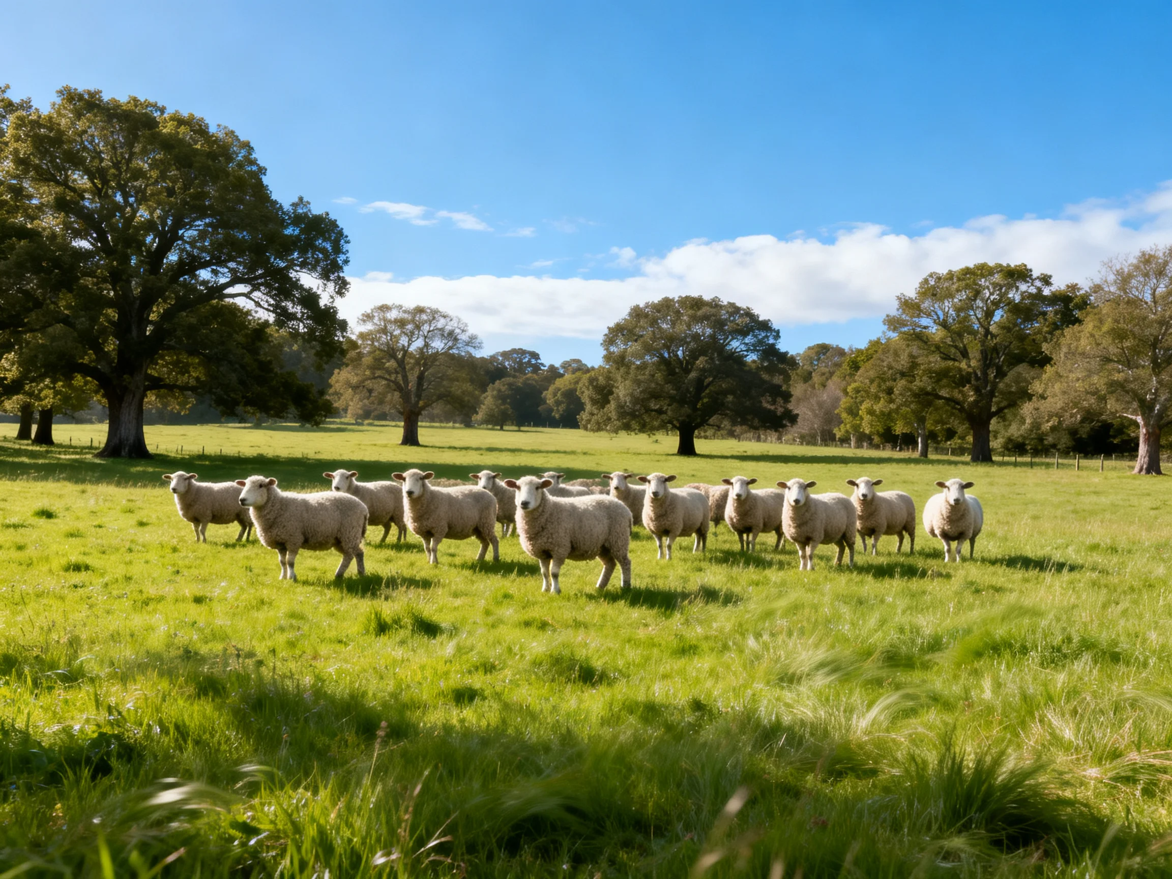A group of sheep gathers in a sunny, tree-lined grassy field.