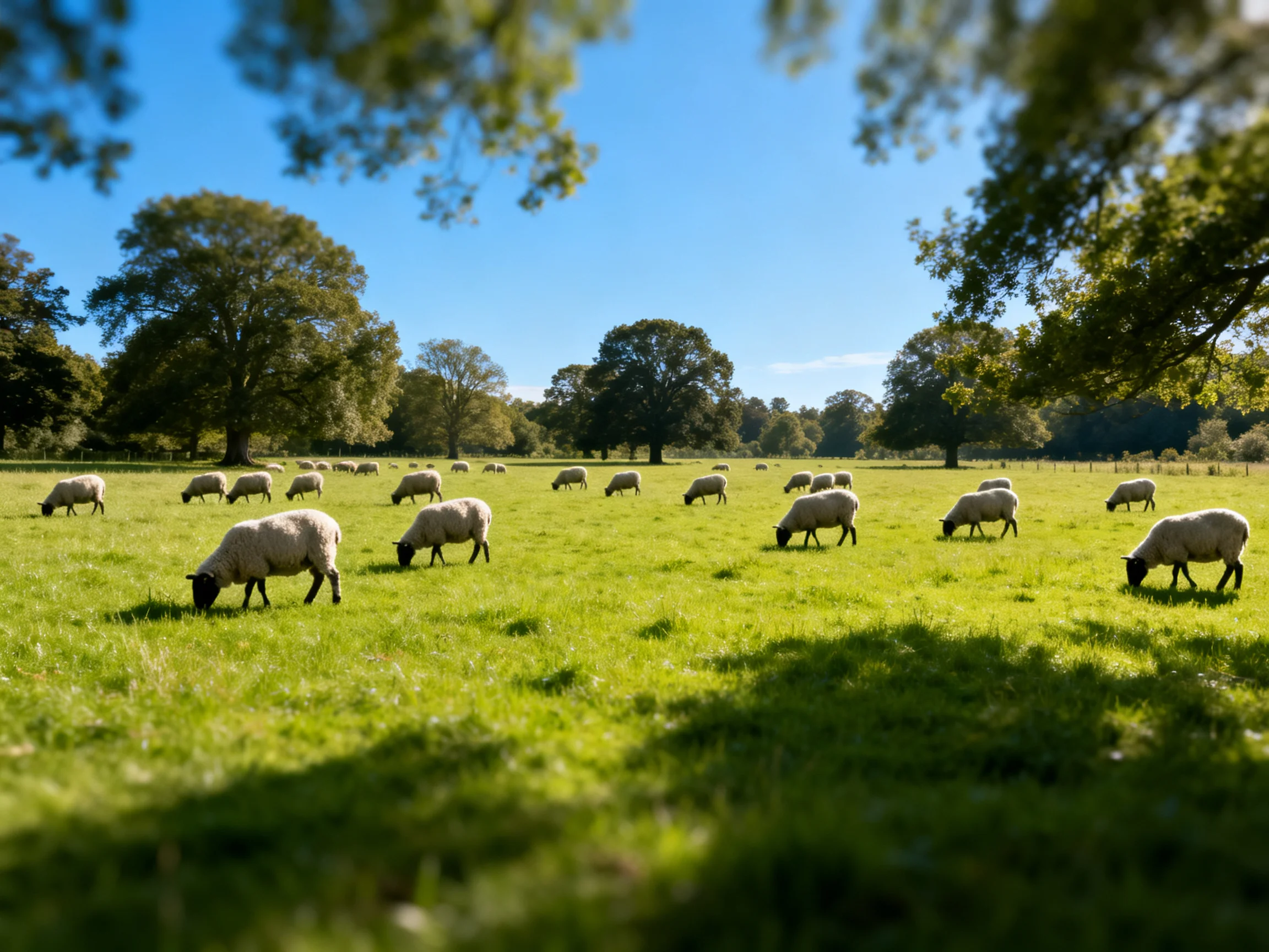 A flock of sheep grazing in a lush green meadow with large trees