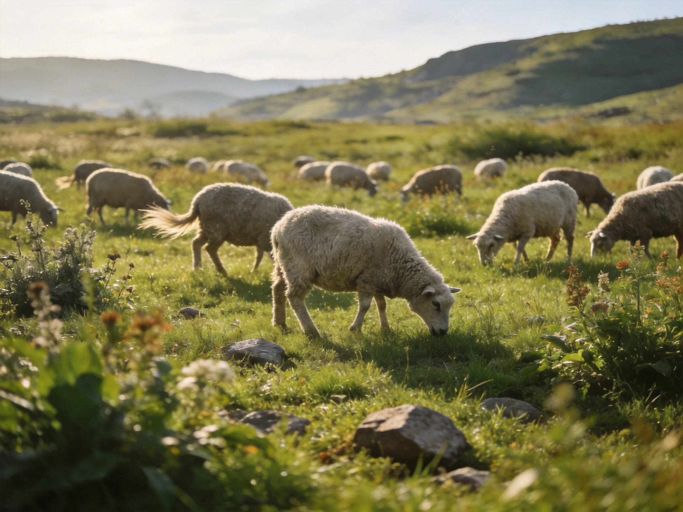 Sheep graze in a sunlit green meadow with rolling hills nearby.