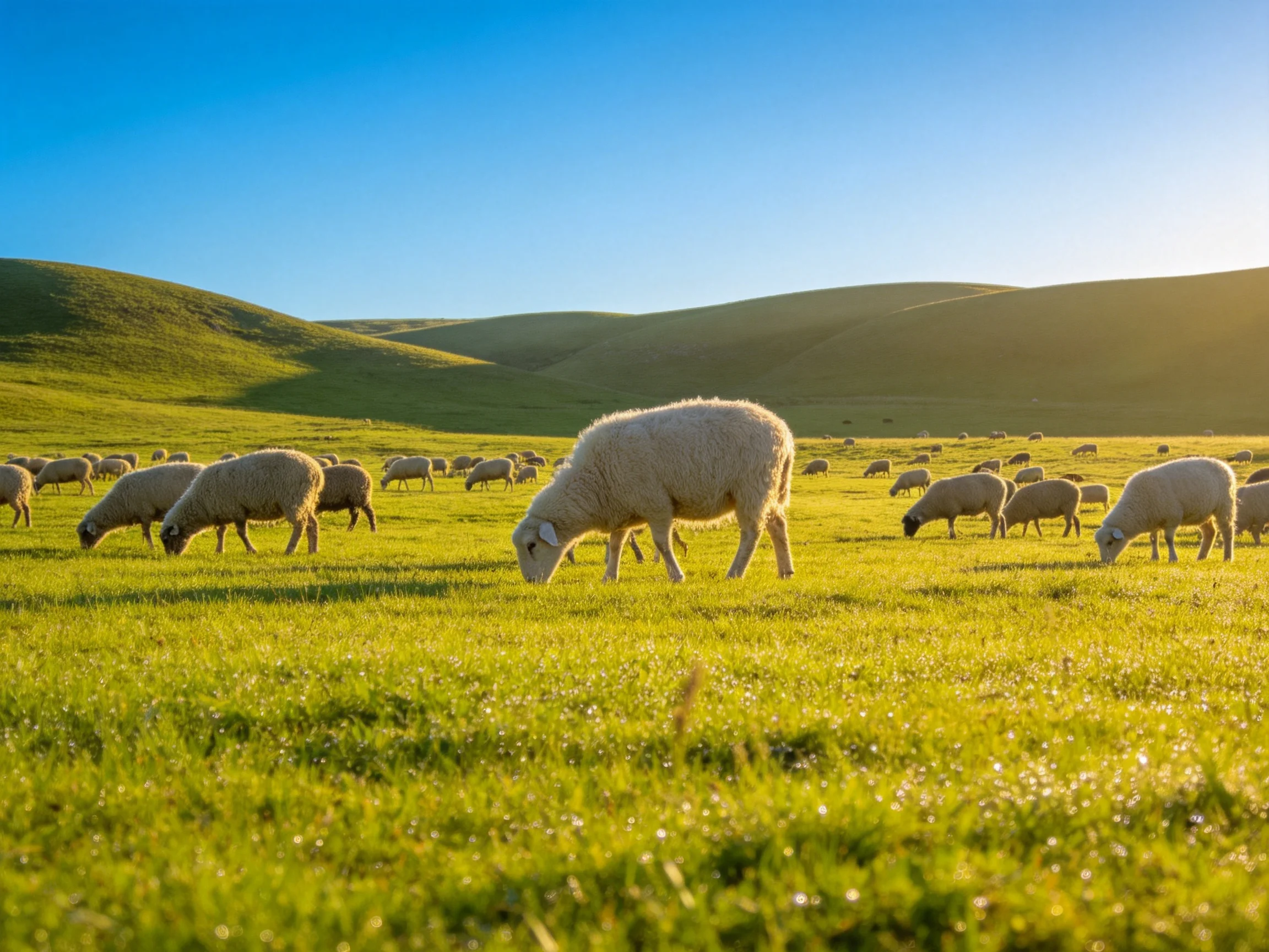 A flock of sheep grazing in a lush green meadow with rolling hills