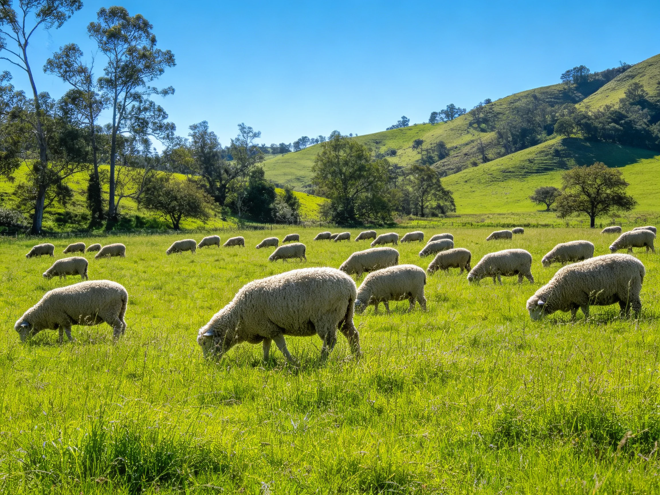 A flock of sheep grazing in a lush green meadow with rolling hills