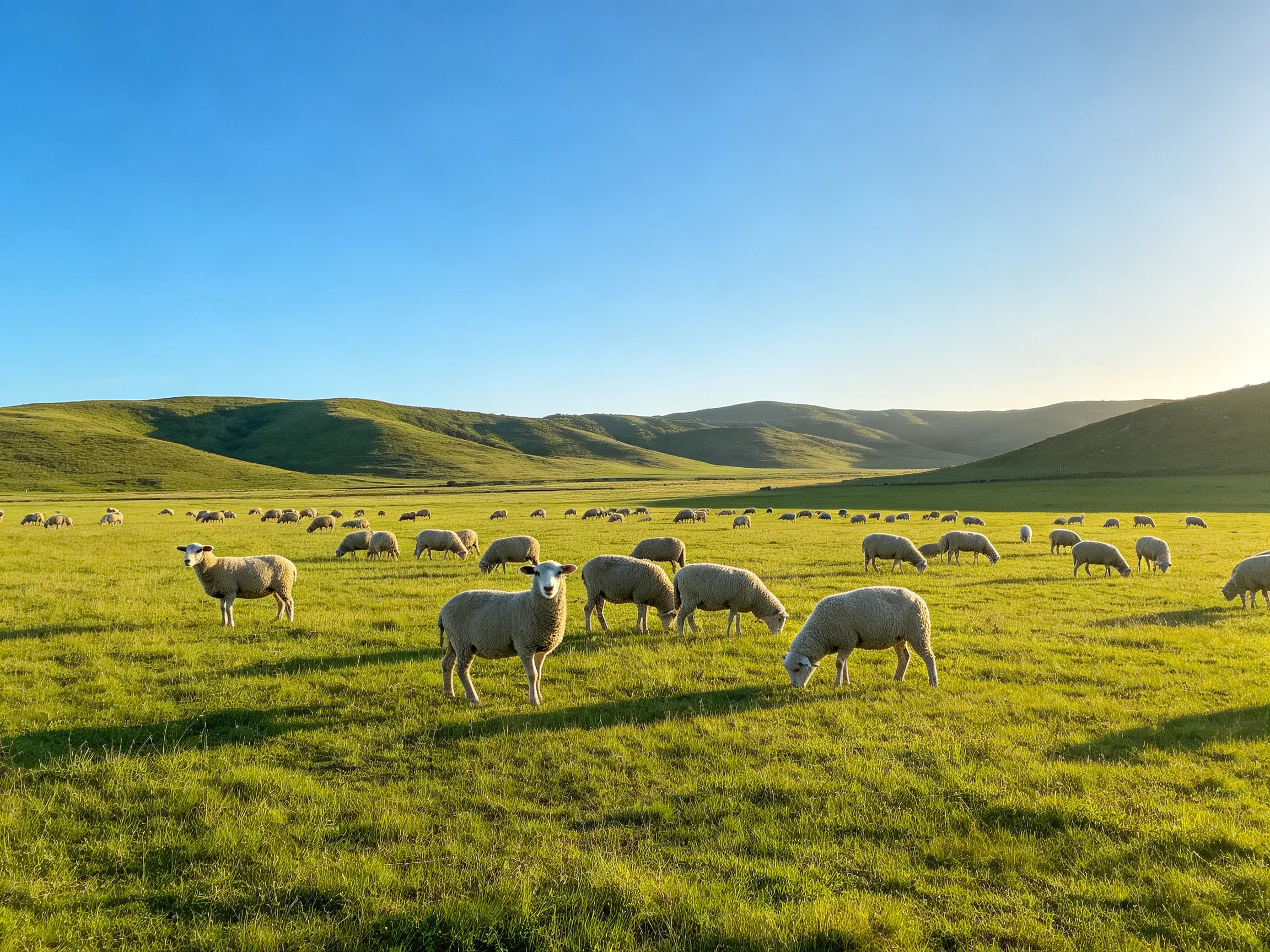 A flock of sheep grazing in a lush green meadow with rolling hills