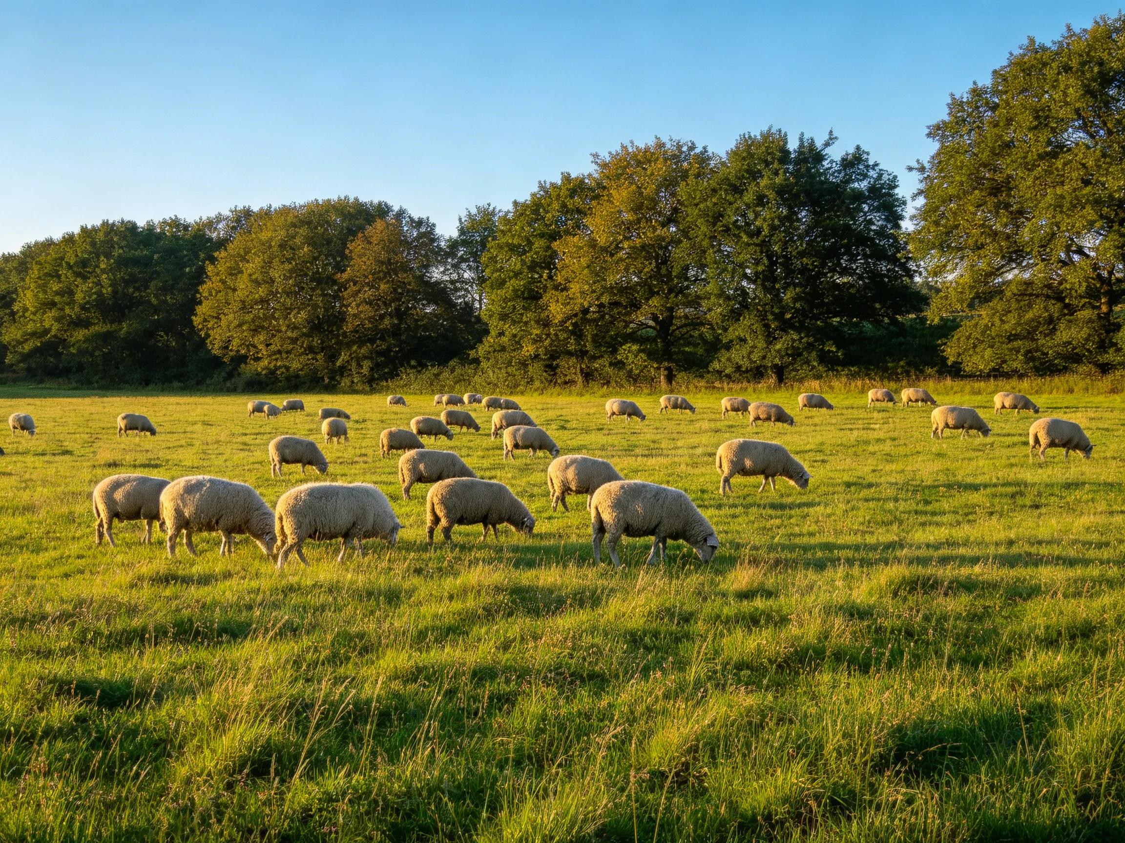 Sheep graze in a sunlit meadow near large trees