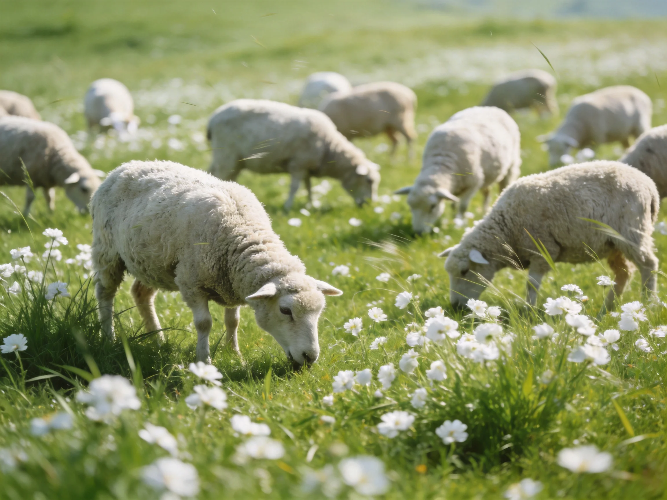 Sheep graze in a verdant meadow dotted with white flowers