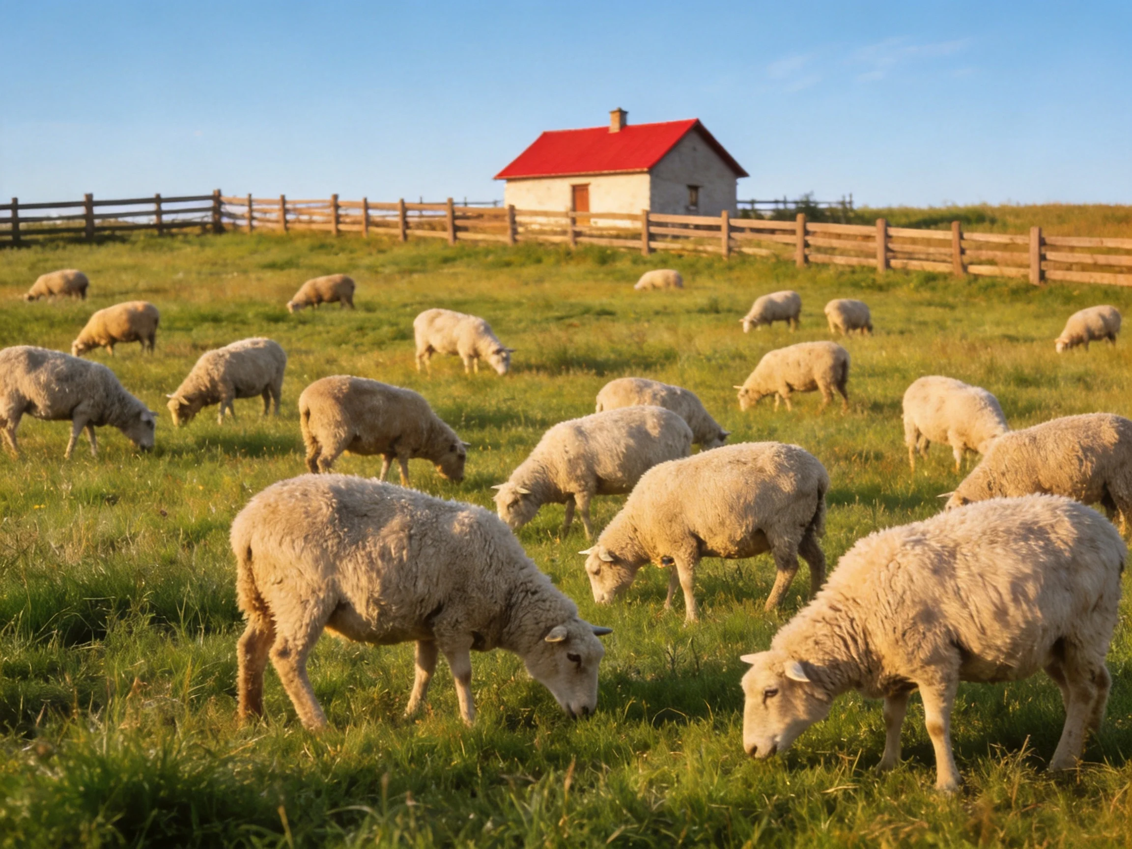 A flock of sheep grazing in a lush green pasture near a red-roofed house