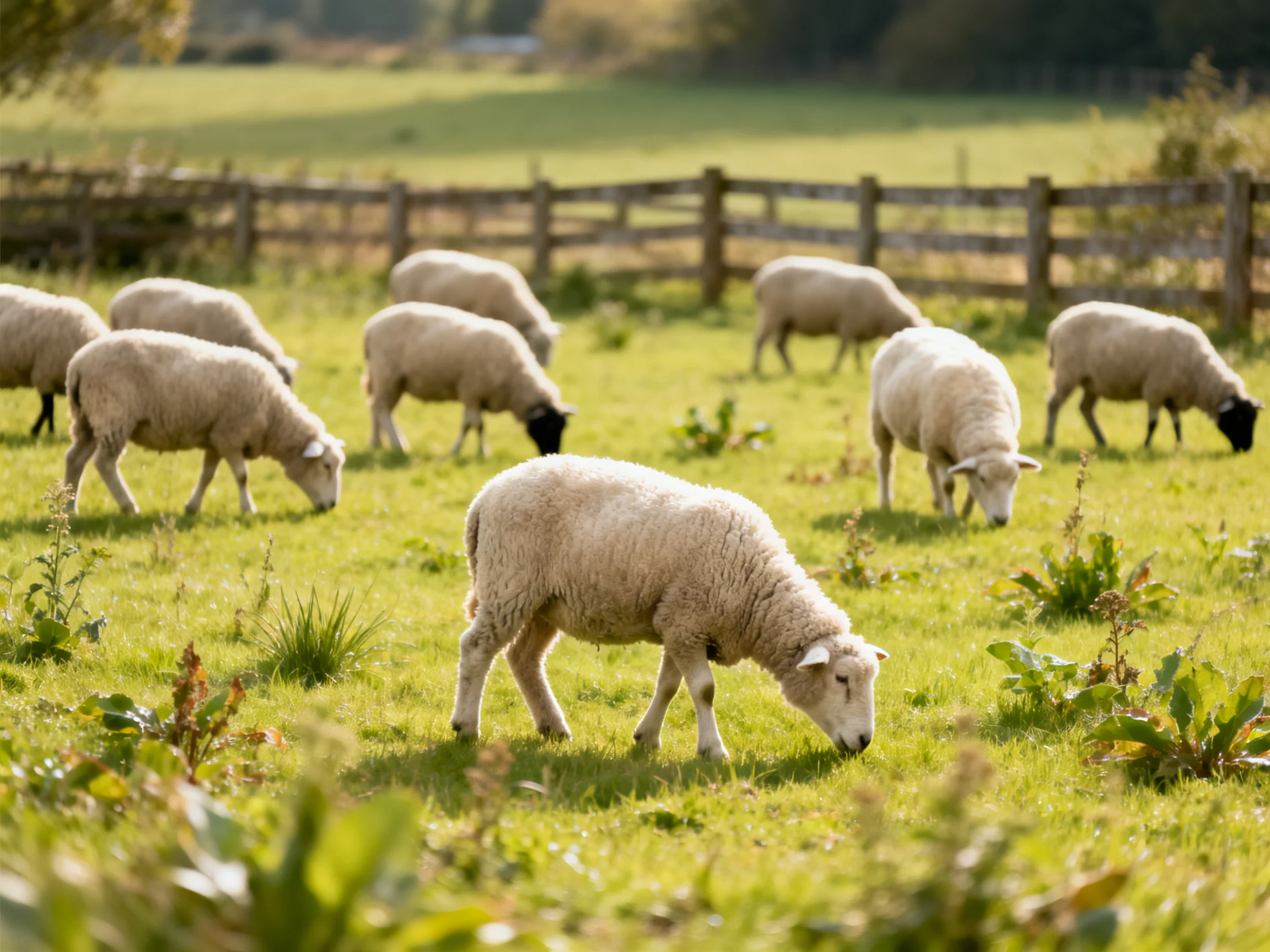 Sheep graze peacefully in a sunlit fenced pasture.