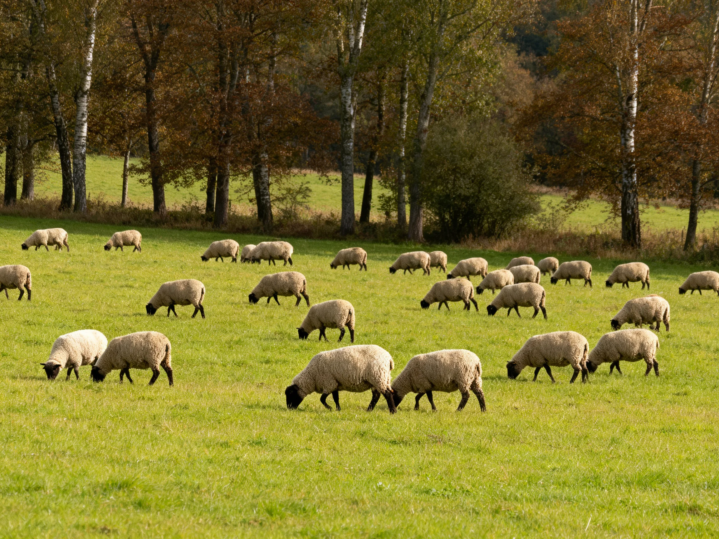 A large group of sheep graze in a green pasture bordered by trees.