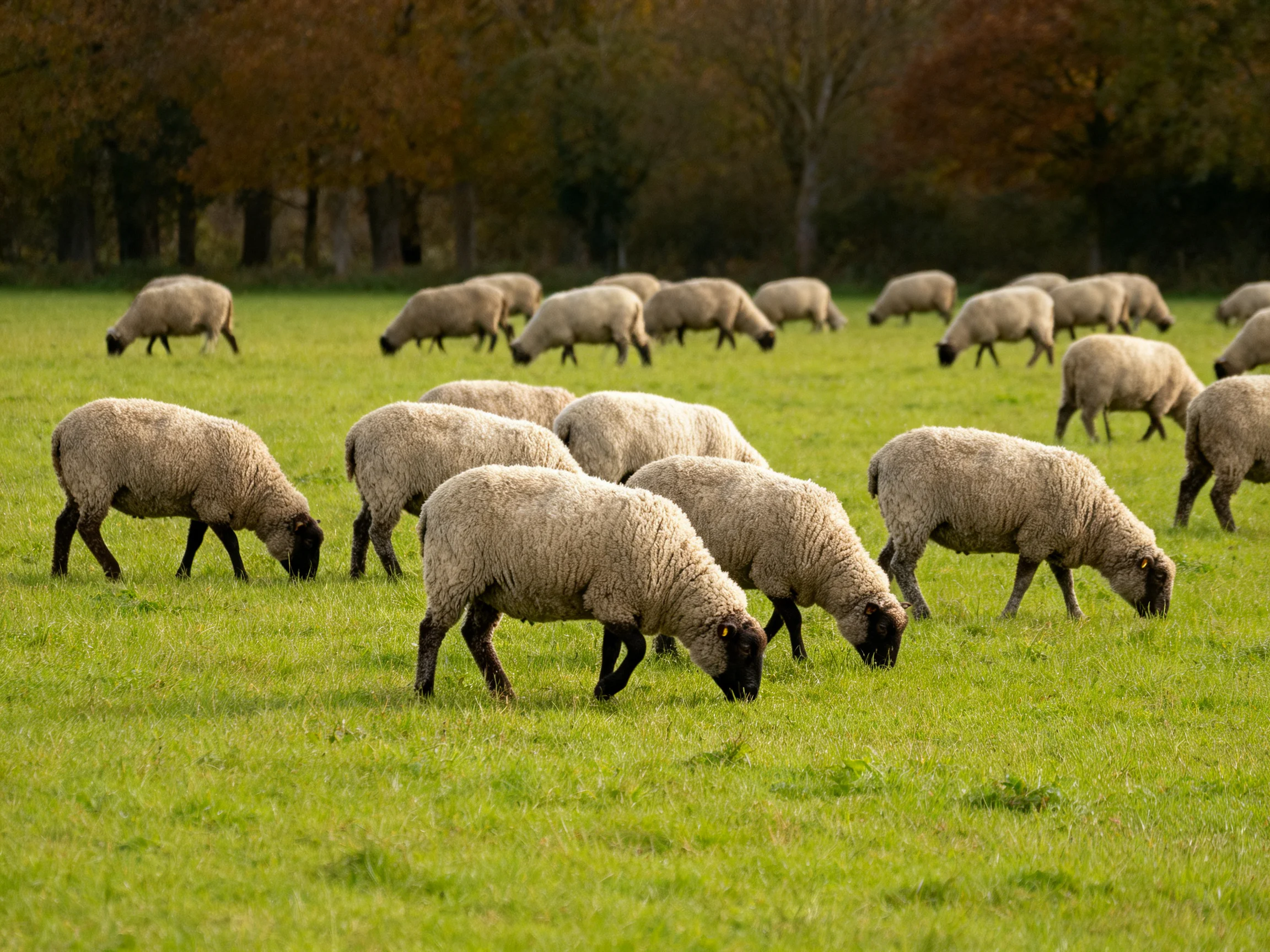 Sheep graze in a green pasture with autumnal trees in the distance.