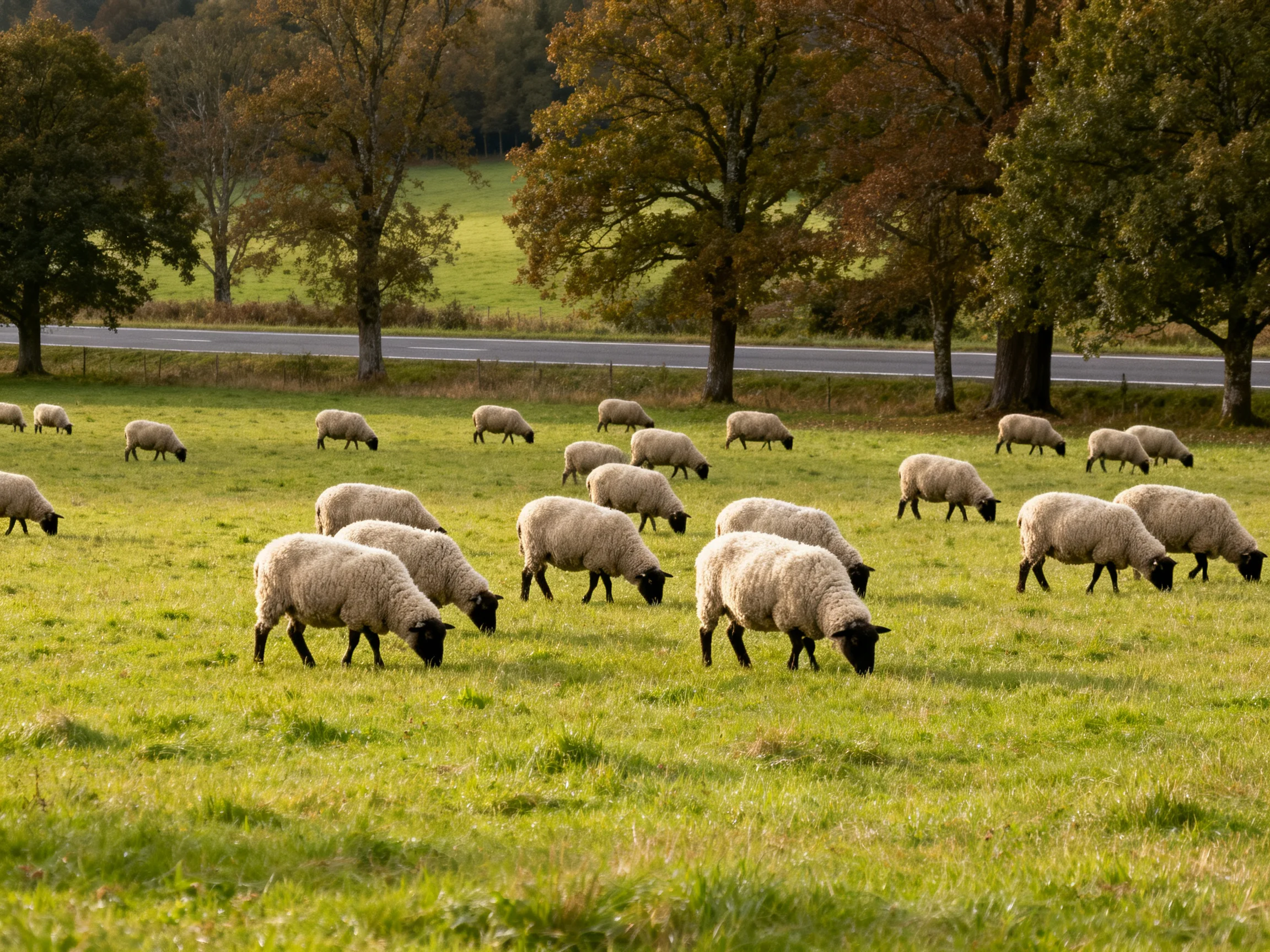 A flock of sheep grazes in a lush green pasture bordered by autumnal trees