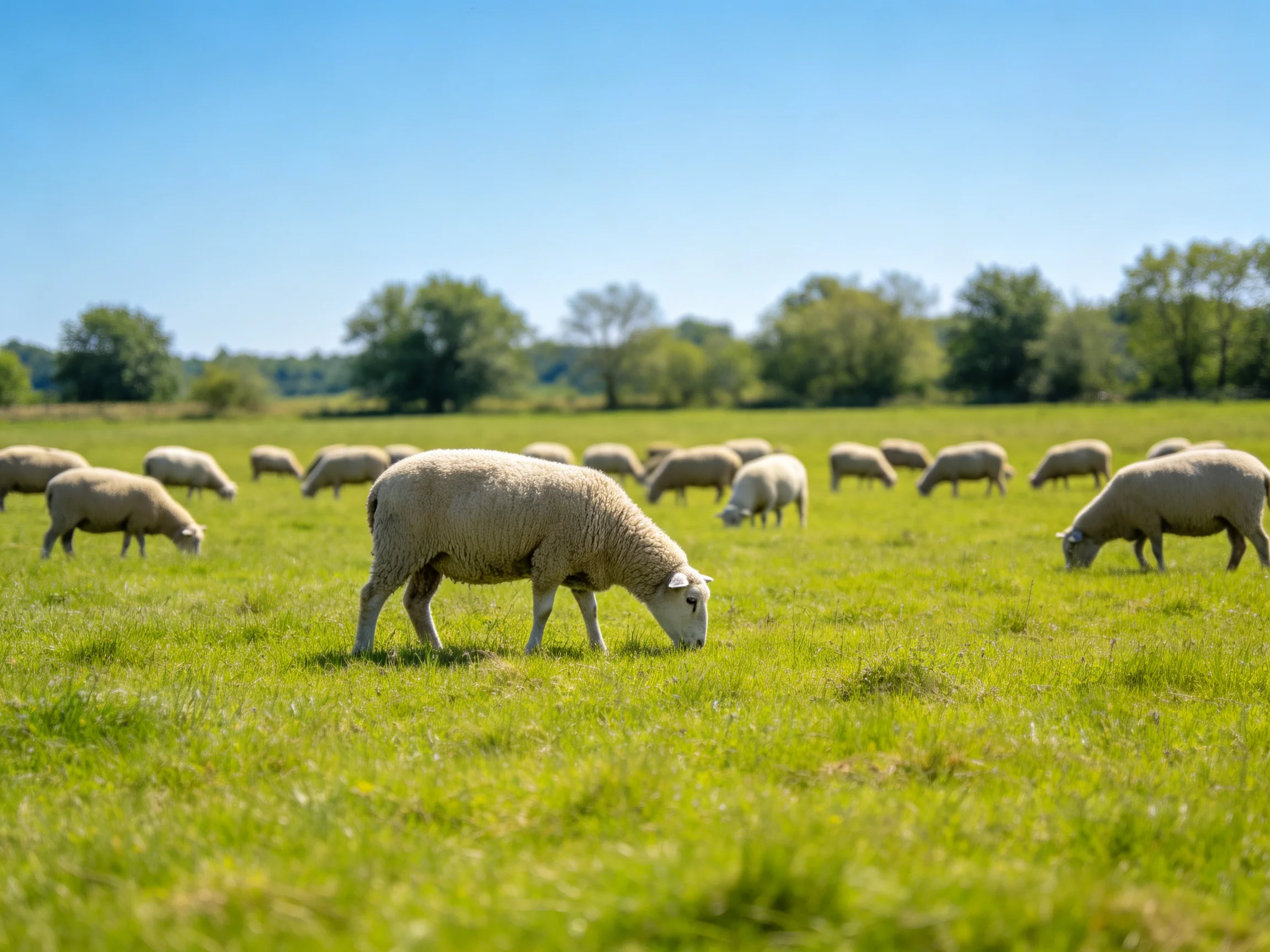 A flock of sheep grazing in a lush green pasture under a clear blue sky