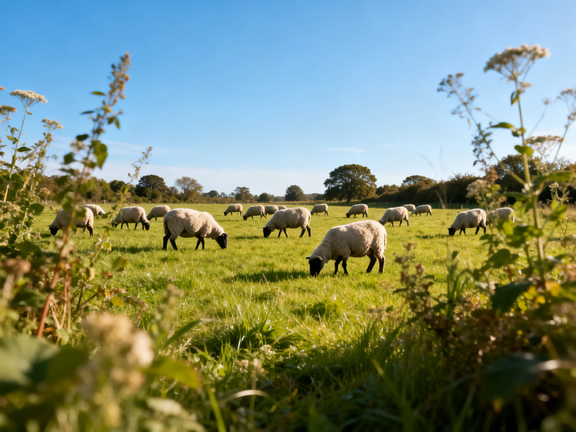 Sheep graze peacefully in a sunlit, verdant pasture surrounded by nature.