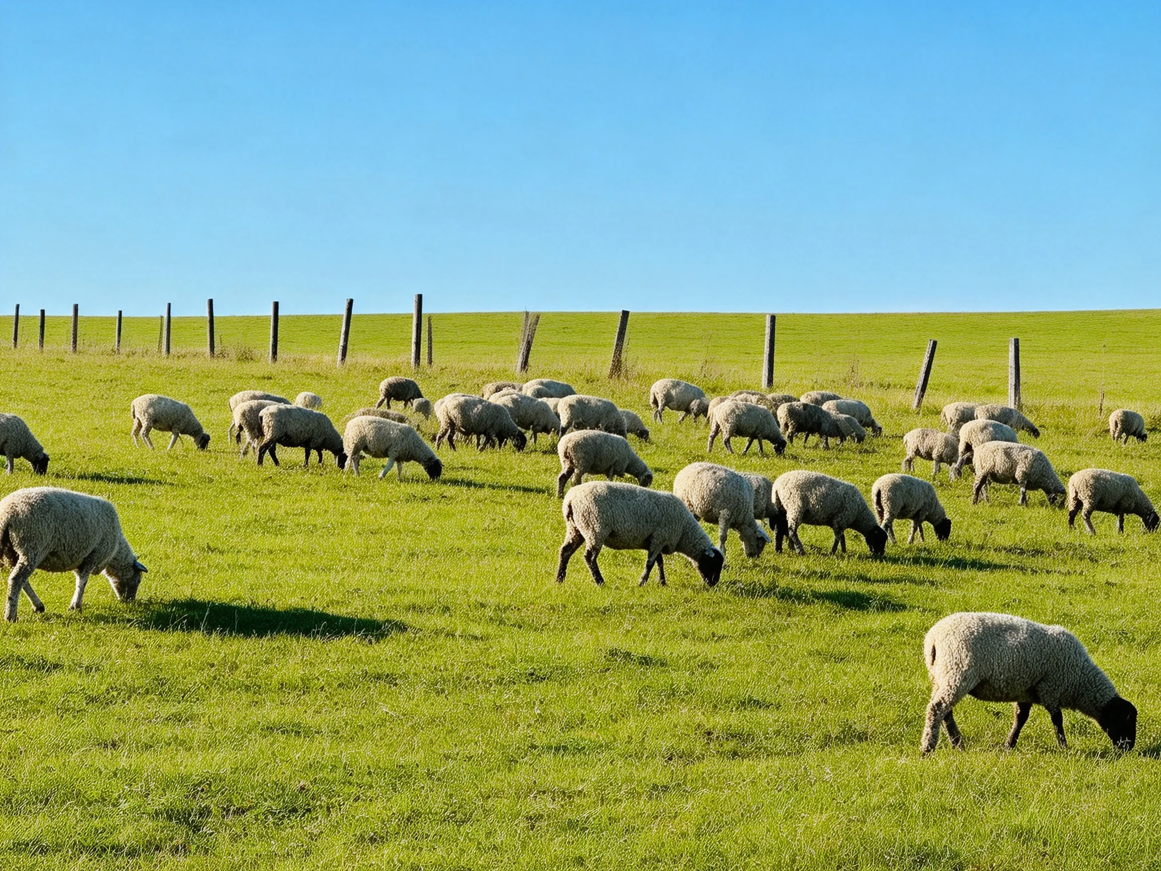 A flock of sheep grazing in a lush green pasture under clear blue sky