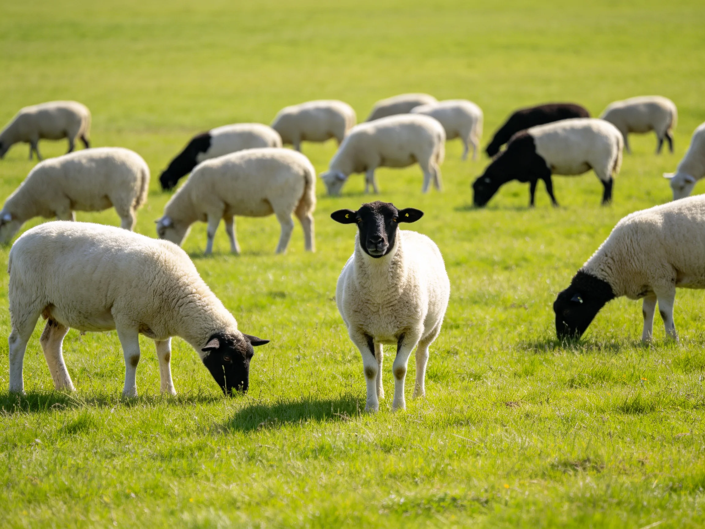 A flock of sheep grazing in a lush green pasture with black-faced lambs