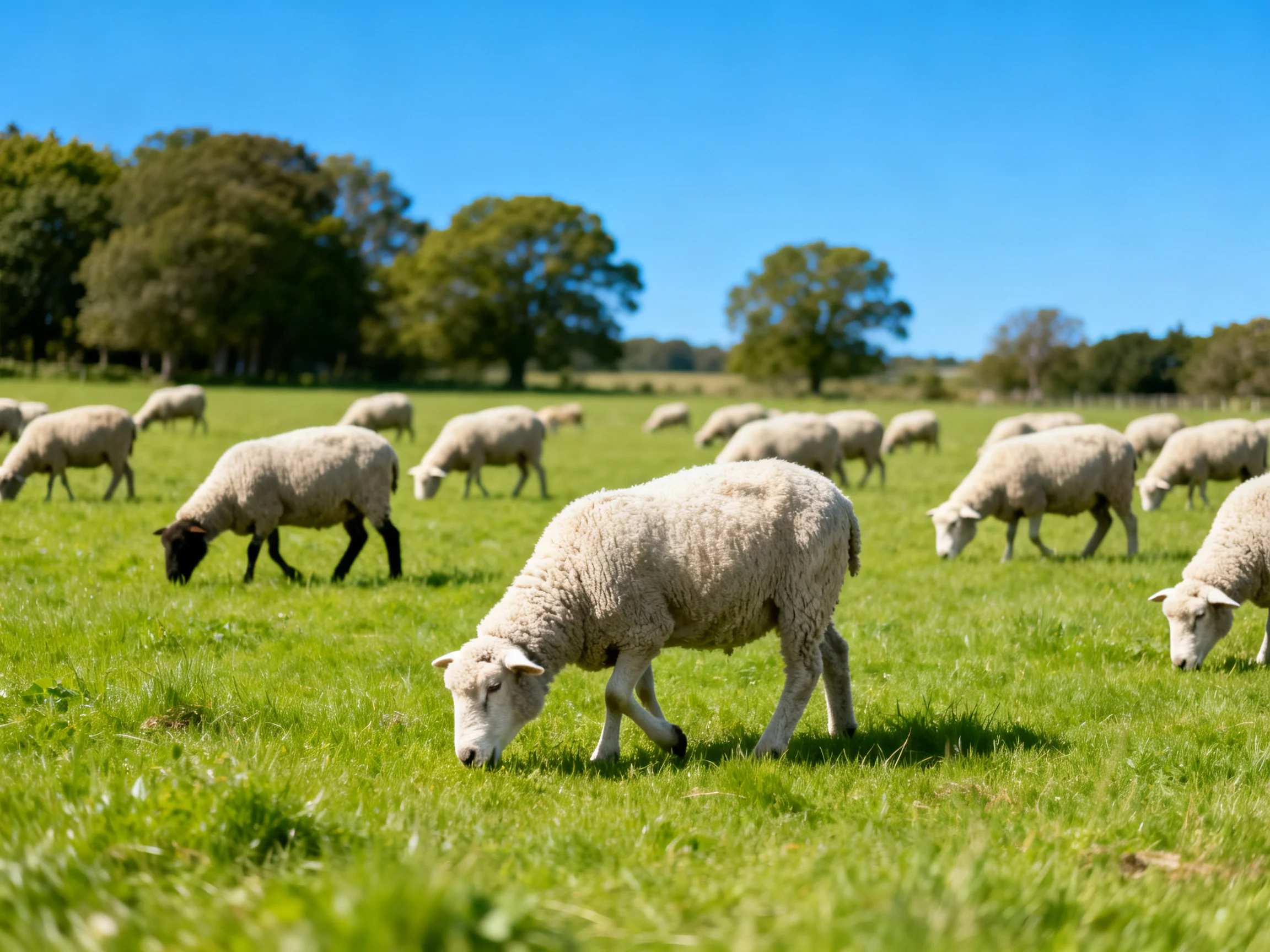 A flock of sheep grazing in a lush green pasture with clear blue skies