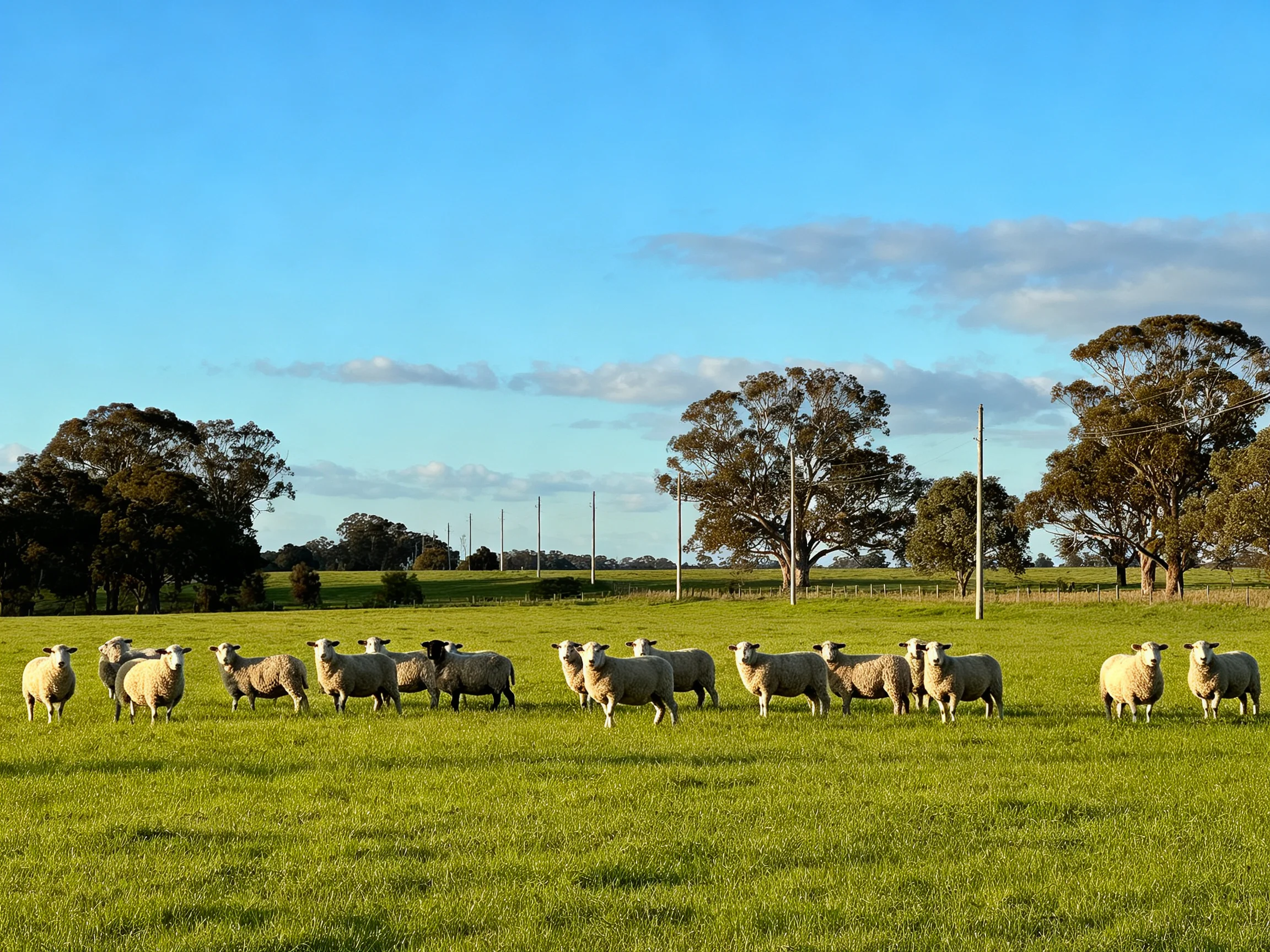 A flock of sheep grazing in a lush green pasture with tall trees