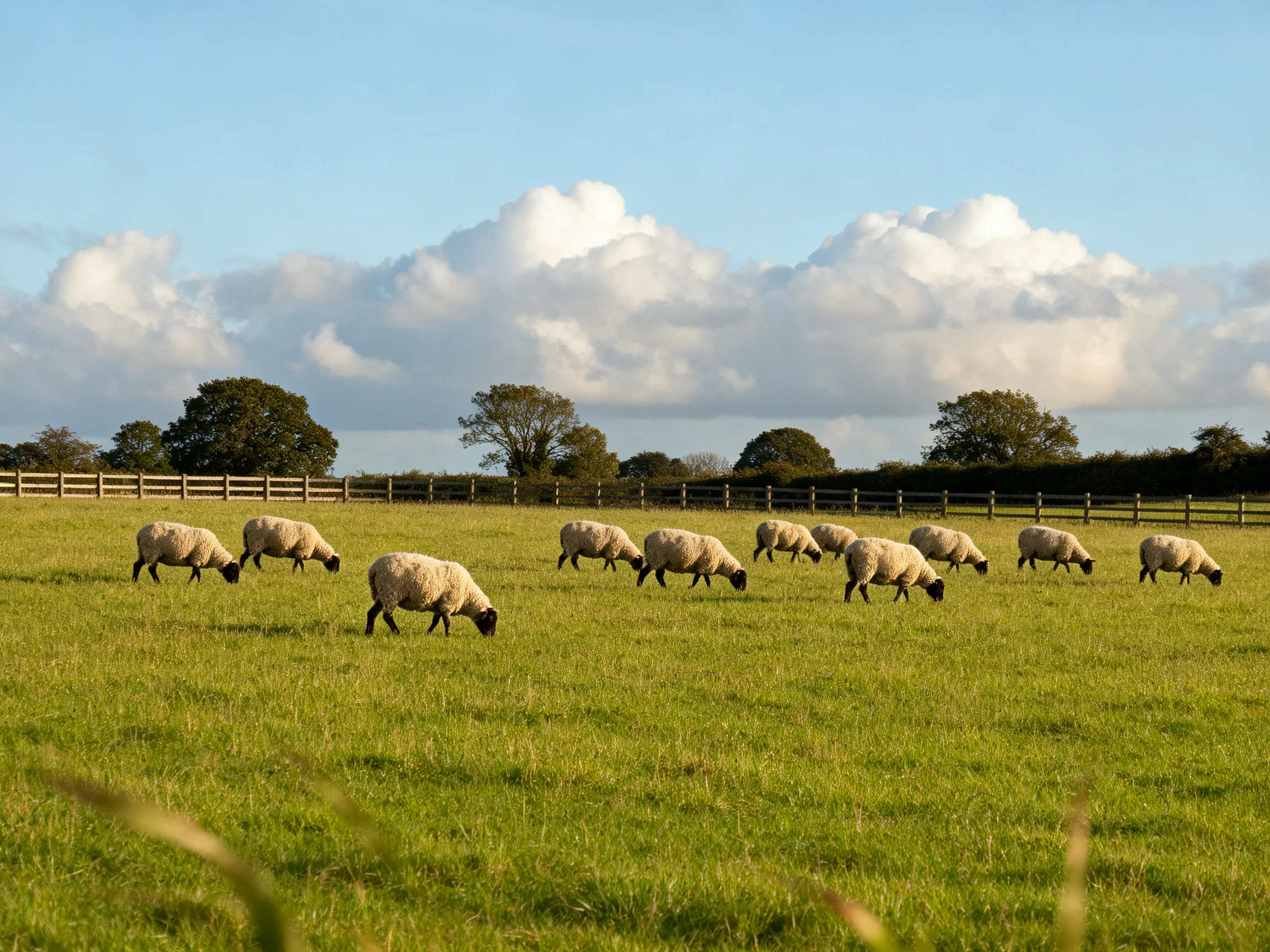 Sheep graze in a green pasture with a wooden fence under a partly cloudy sky.