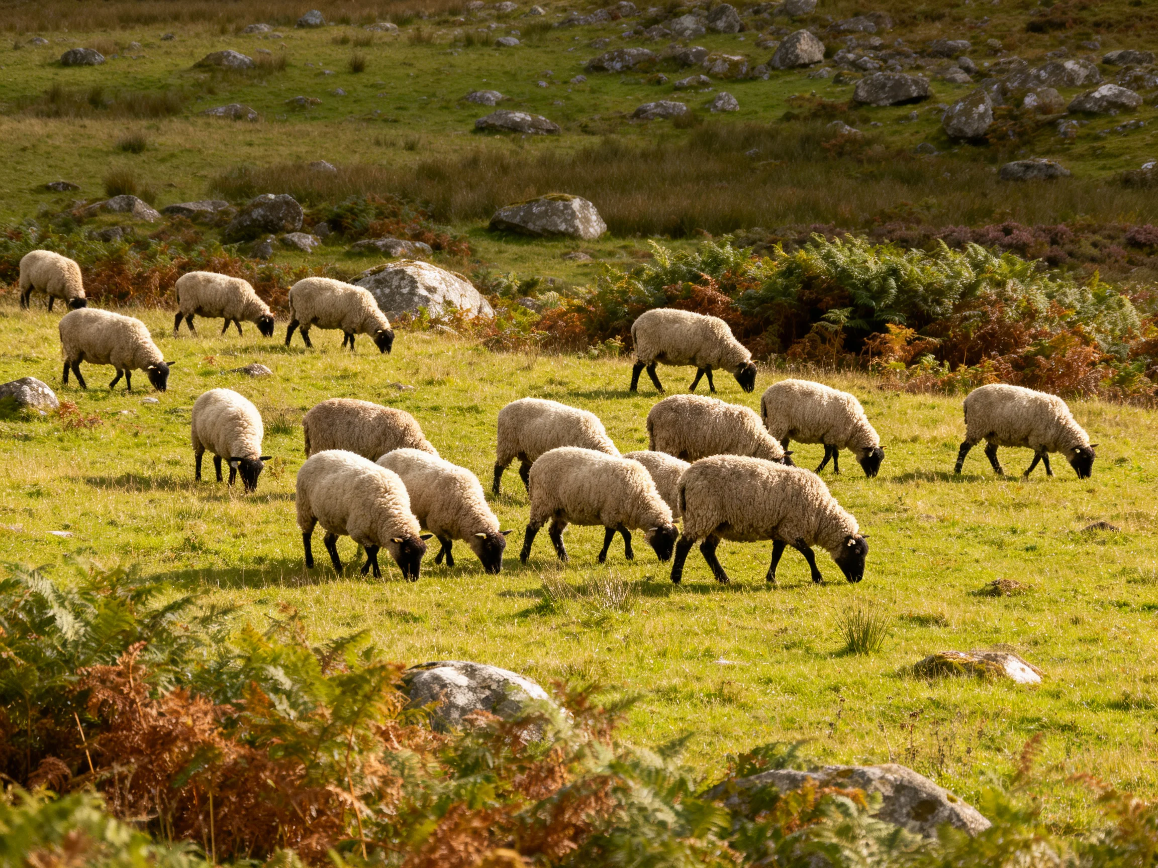 A flock of sheep grazing in a lush, rock-strewn pasture