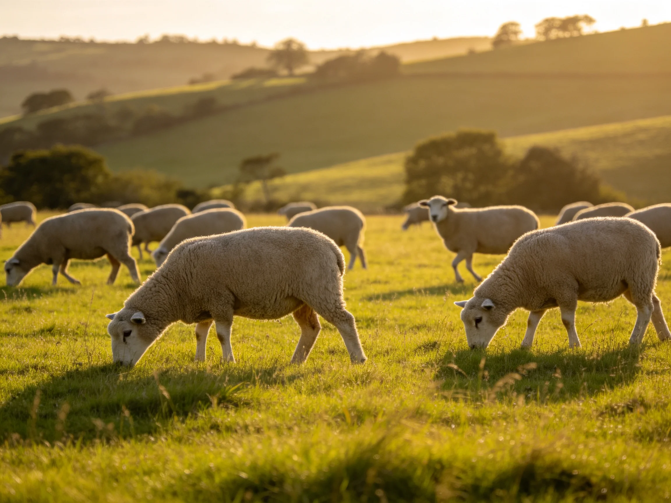 A flock of sheep grazing in a sun-kissed green pasture