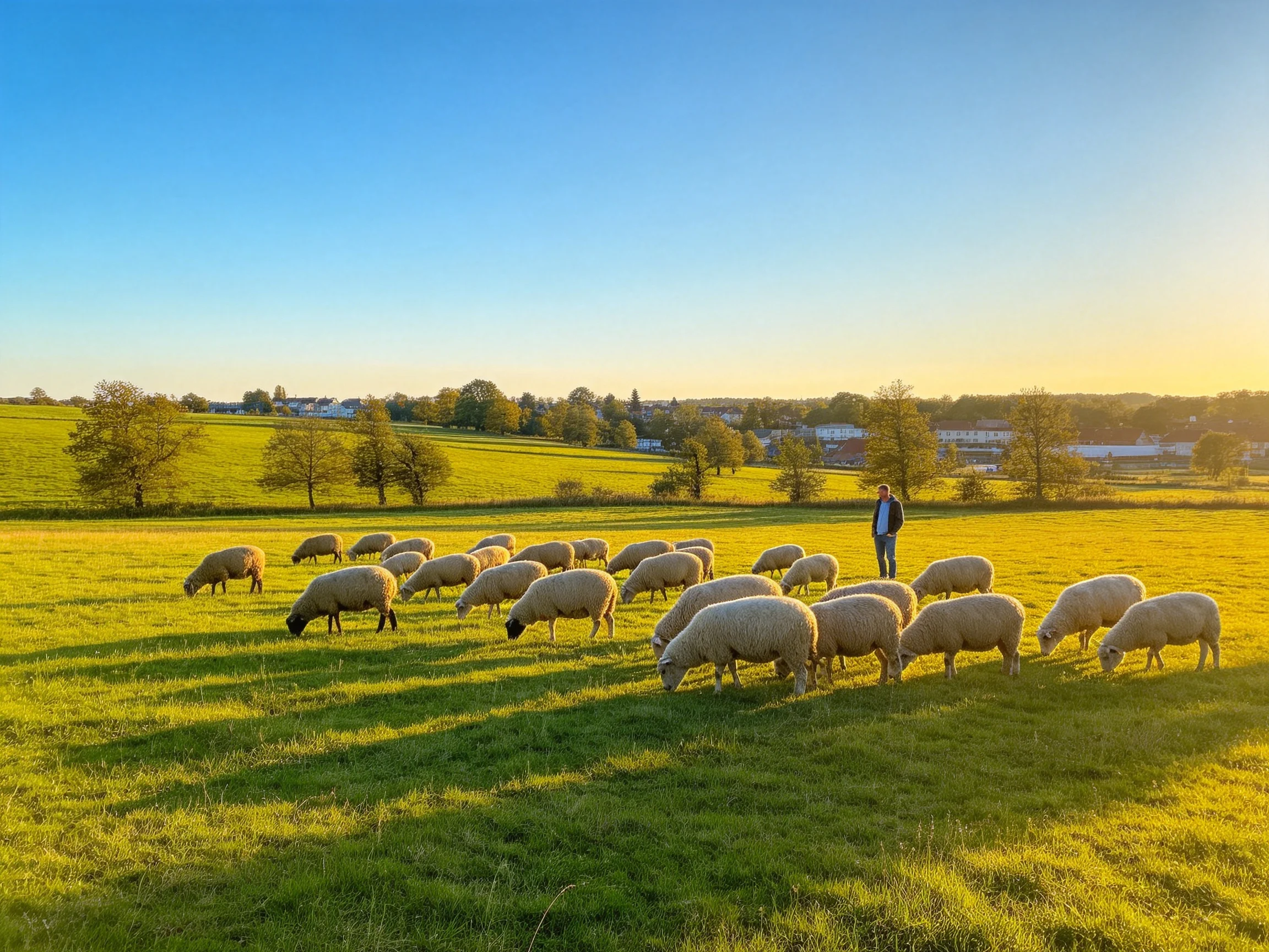 A flock of sheep grazing in a sunlit countryside pasture with a shepherd