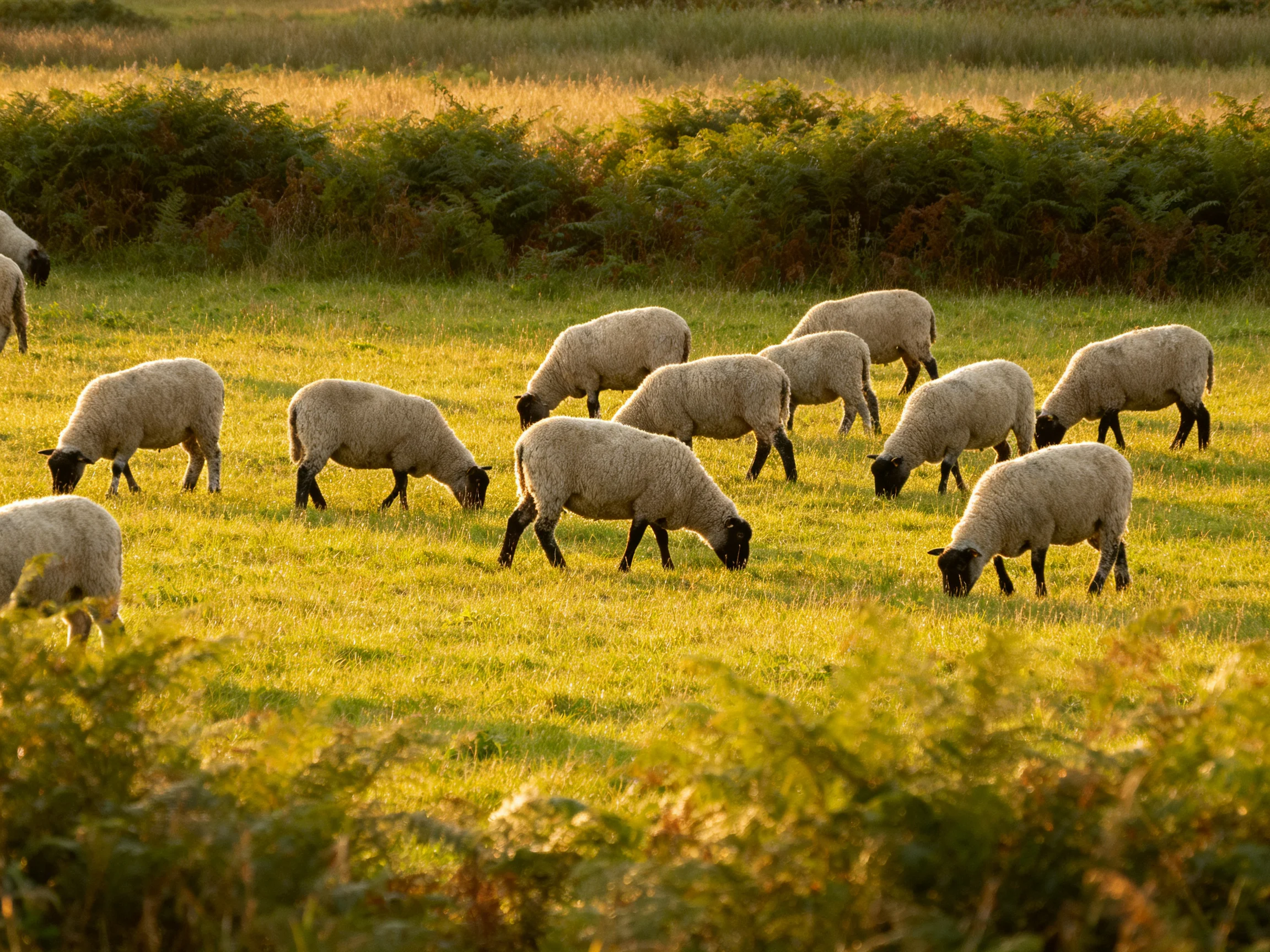 A flock of sheep grazing in a sunlit golden meadow