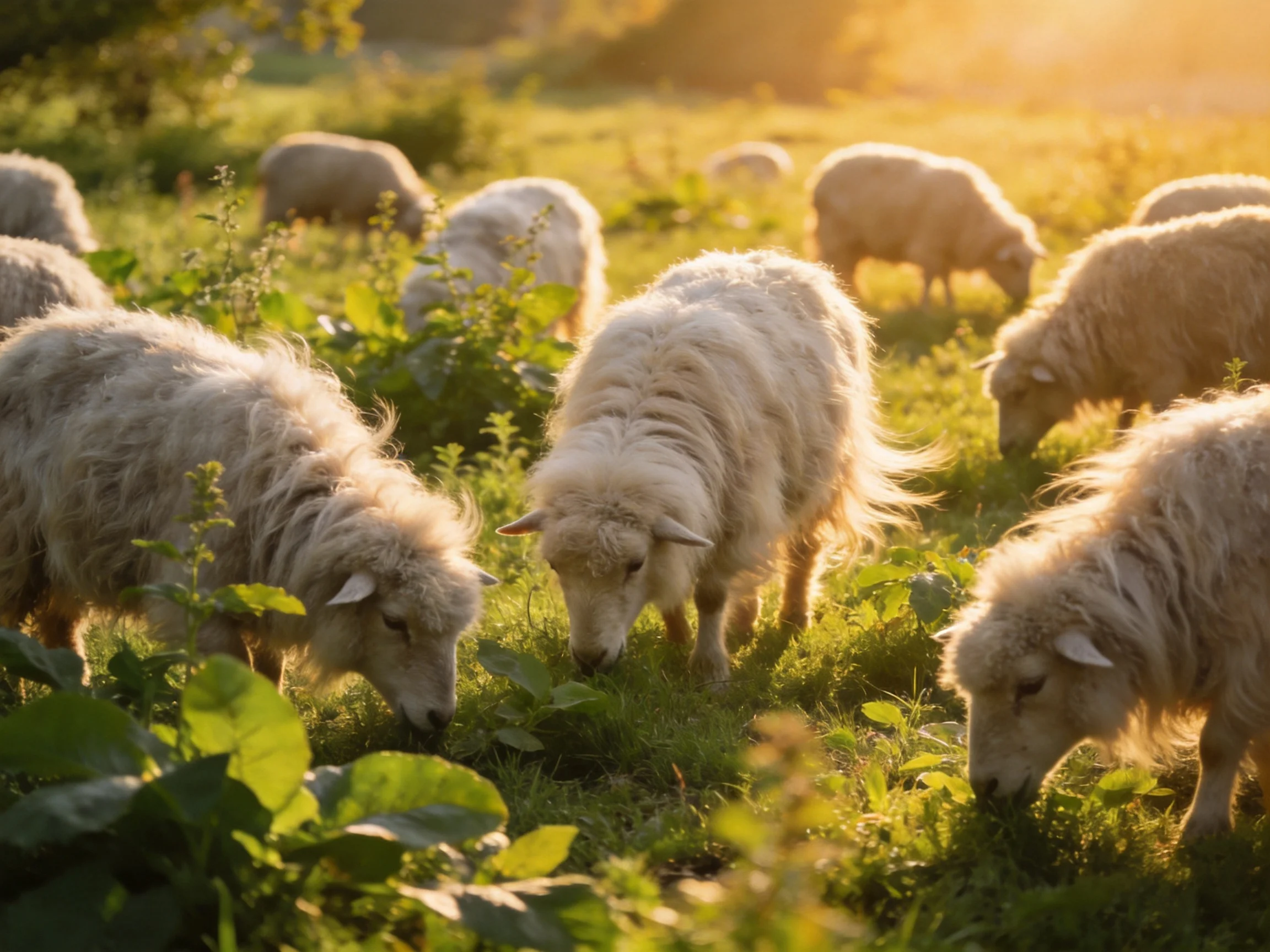 A flock of sheep graze peacefully in a sunlit green meadow.